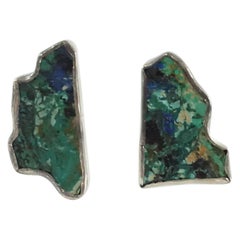 Geometric and Asymmetrical Green and Blue Clip Earrings with Silver