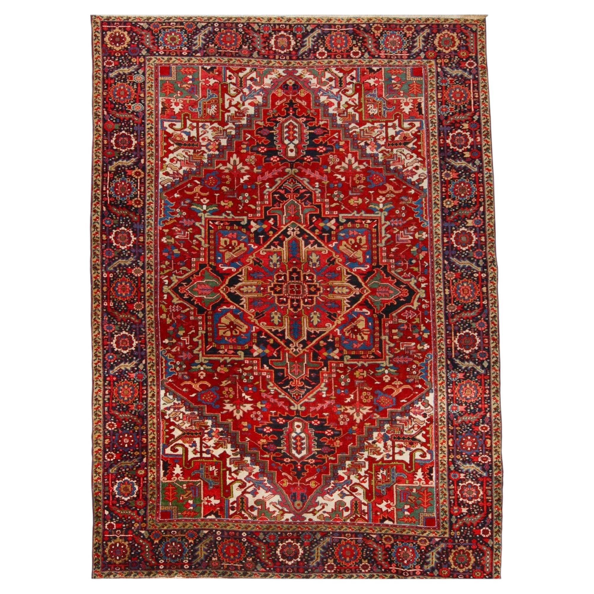 Geometric and Floral Design Wool Antique Rug - 19th Century For Sale
