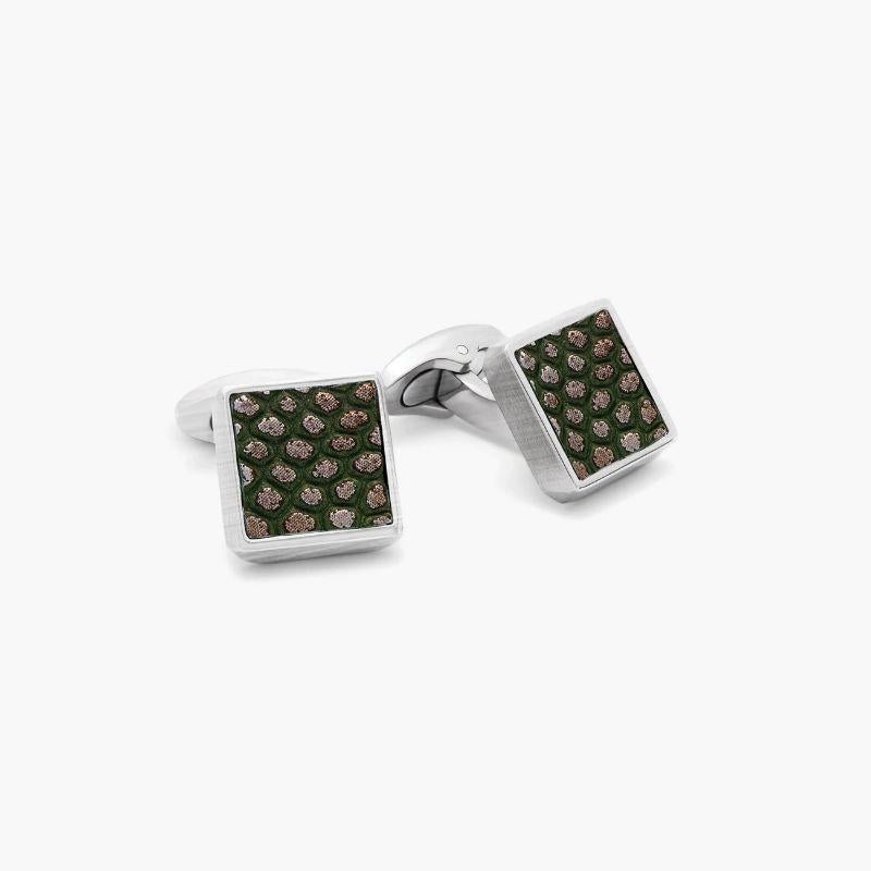 Geometric Animal Print Cufflinks with Green Leather in Titanium In New Condition For Sale In Fulham business exchange, London