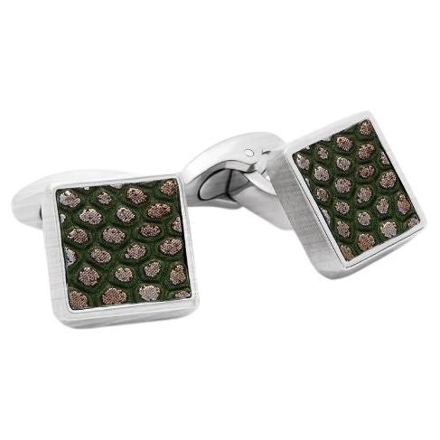 Geometric Animal Print Cufflinks with Green Leather in Titanium For Sale