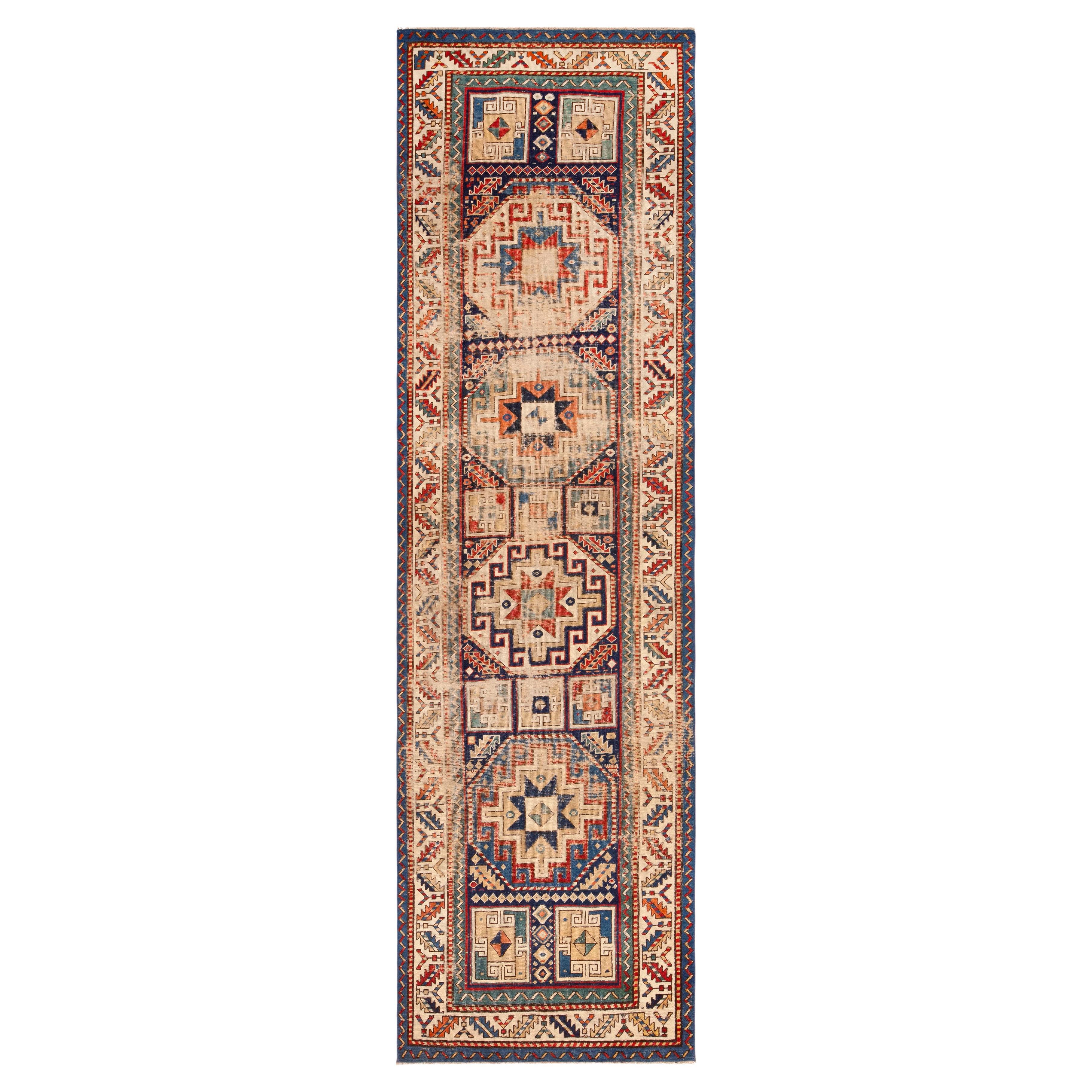 Geometric Antique Caucasian Kazak Tribal Runner Rug 3'1" x 10'3" For Sale