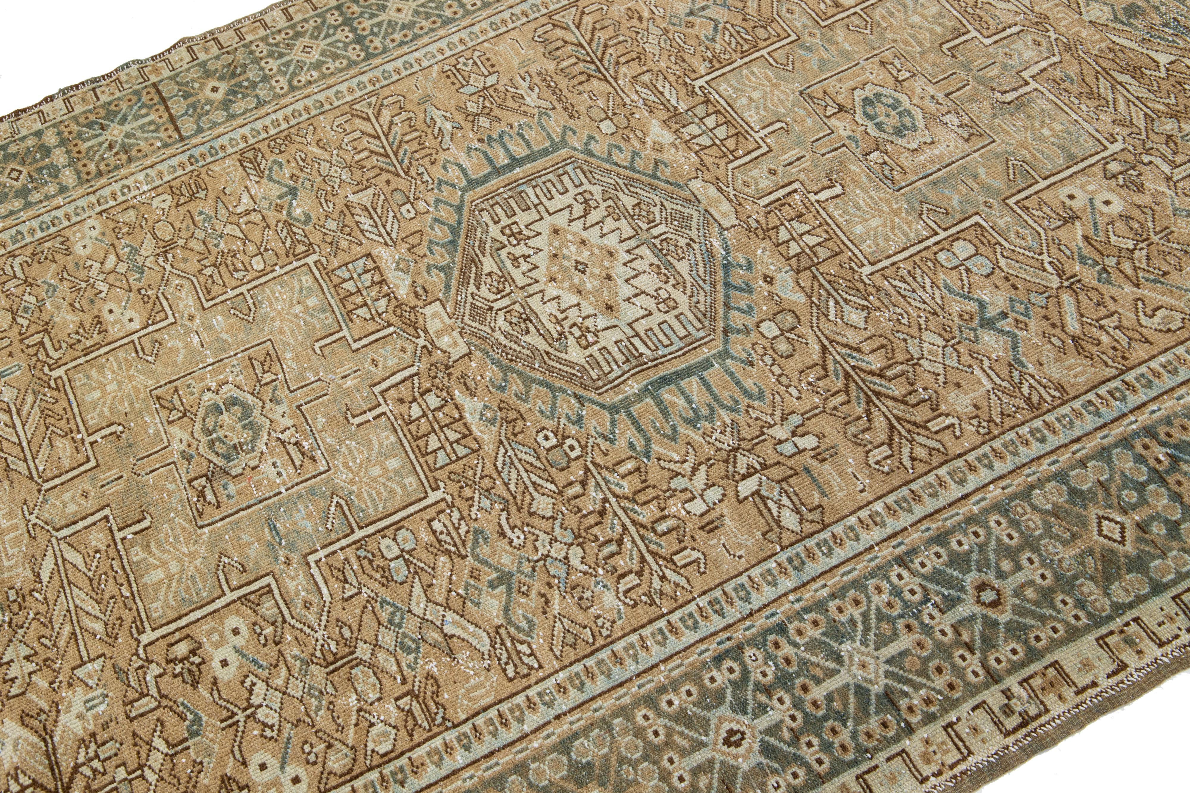 Heriz Serapi Geometric Antique Heriz Handmade Wool Runner featuring a Brown Field For Sale