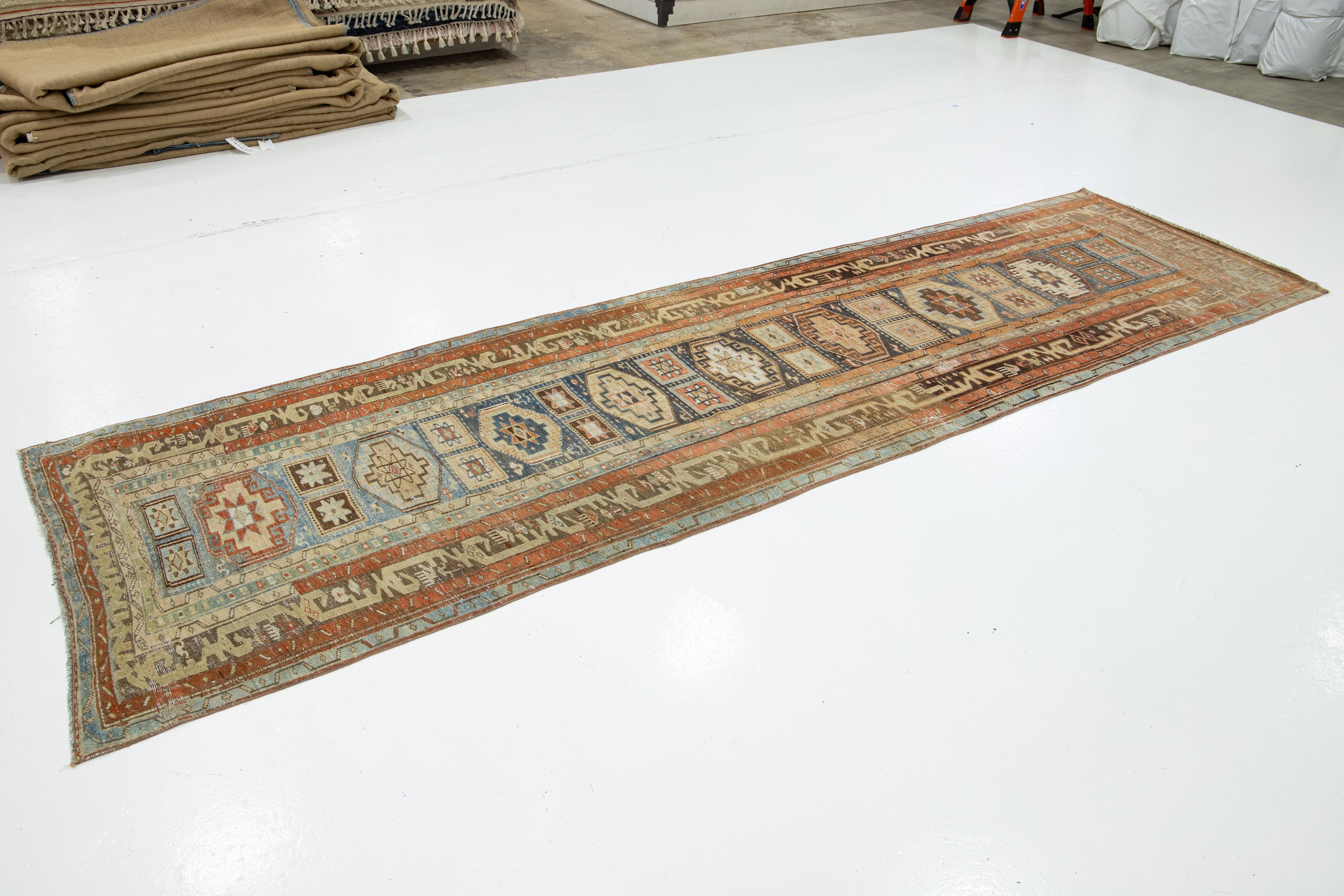 Heriz Serapi Geometric Antique Heriz Wool Runner In Blue and Orange For Sale