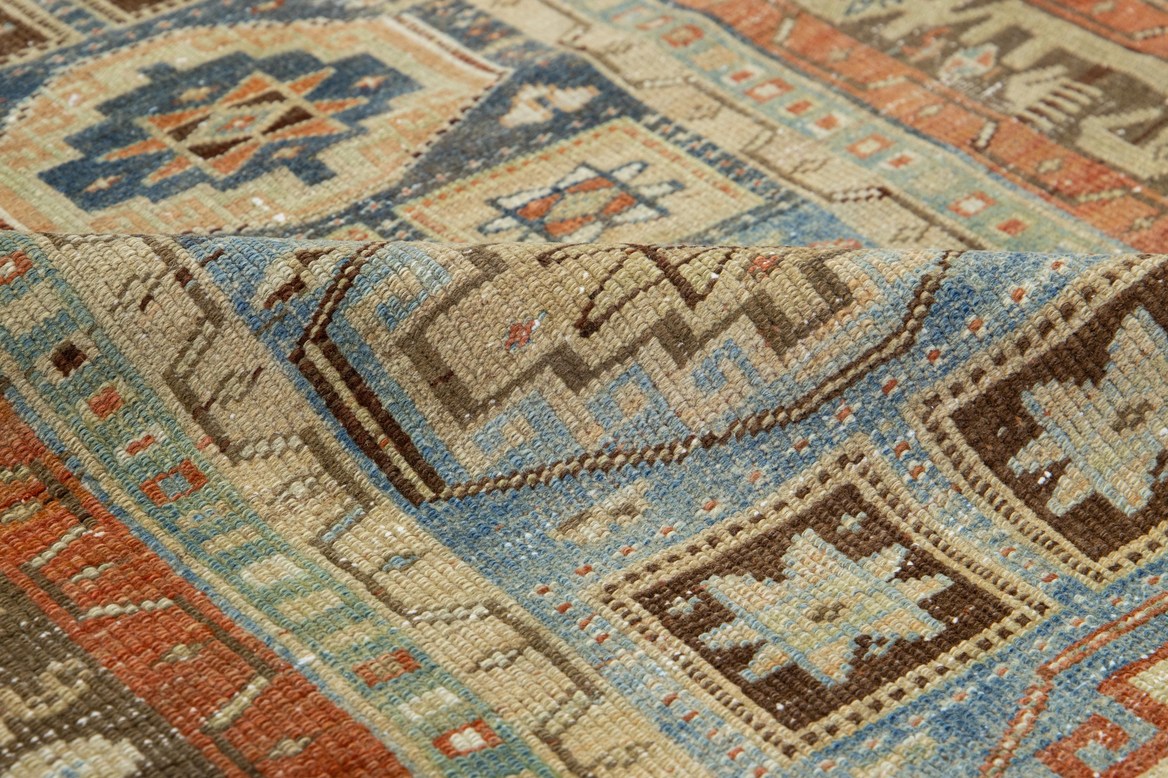 Persian Geometric Antique Heriz Wool Runner In Blue and Orange For Sale