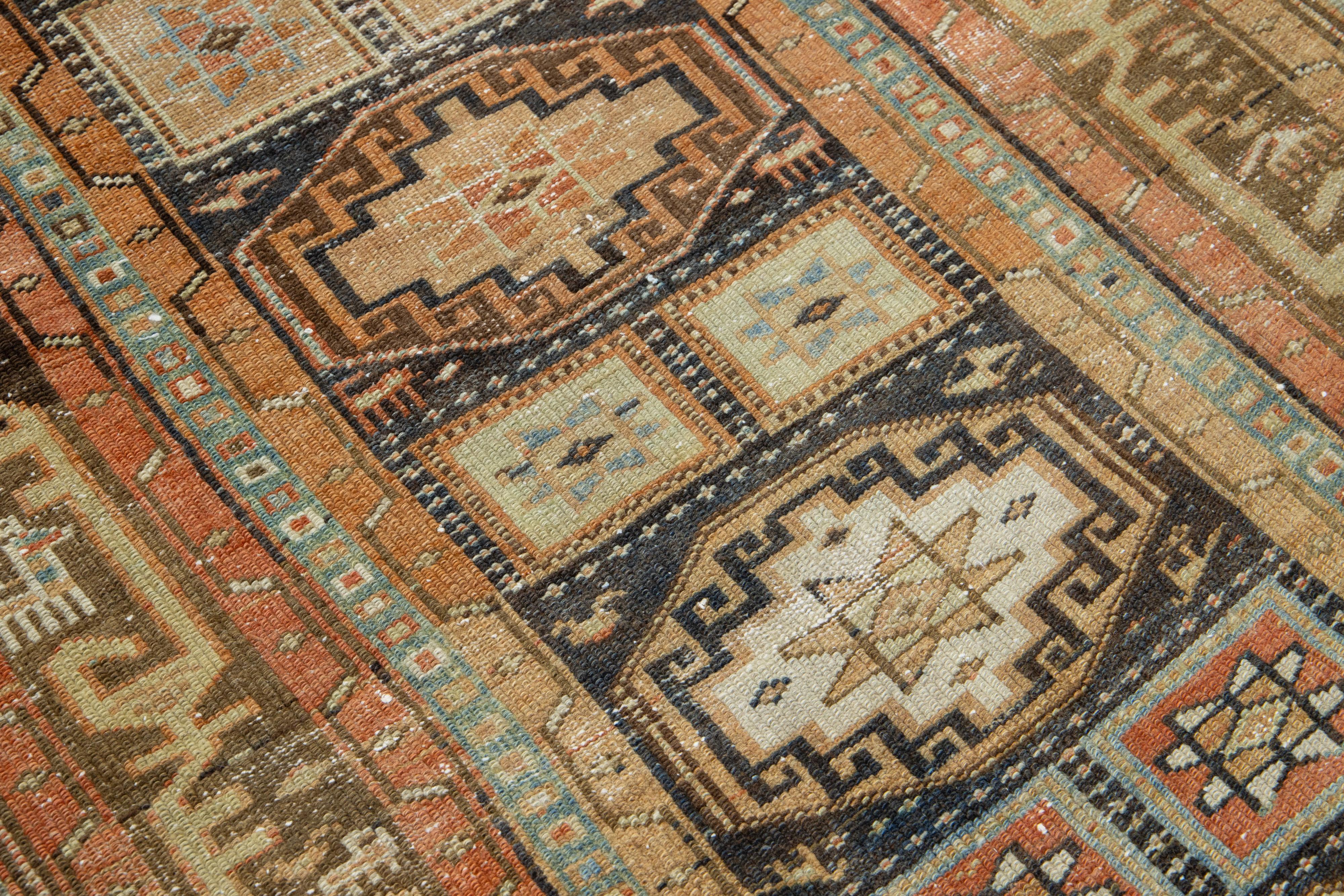 Hand-Knotted Geometric Antique Heriz Wool Runner In Blue and Orange For Sale