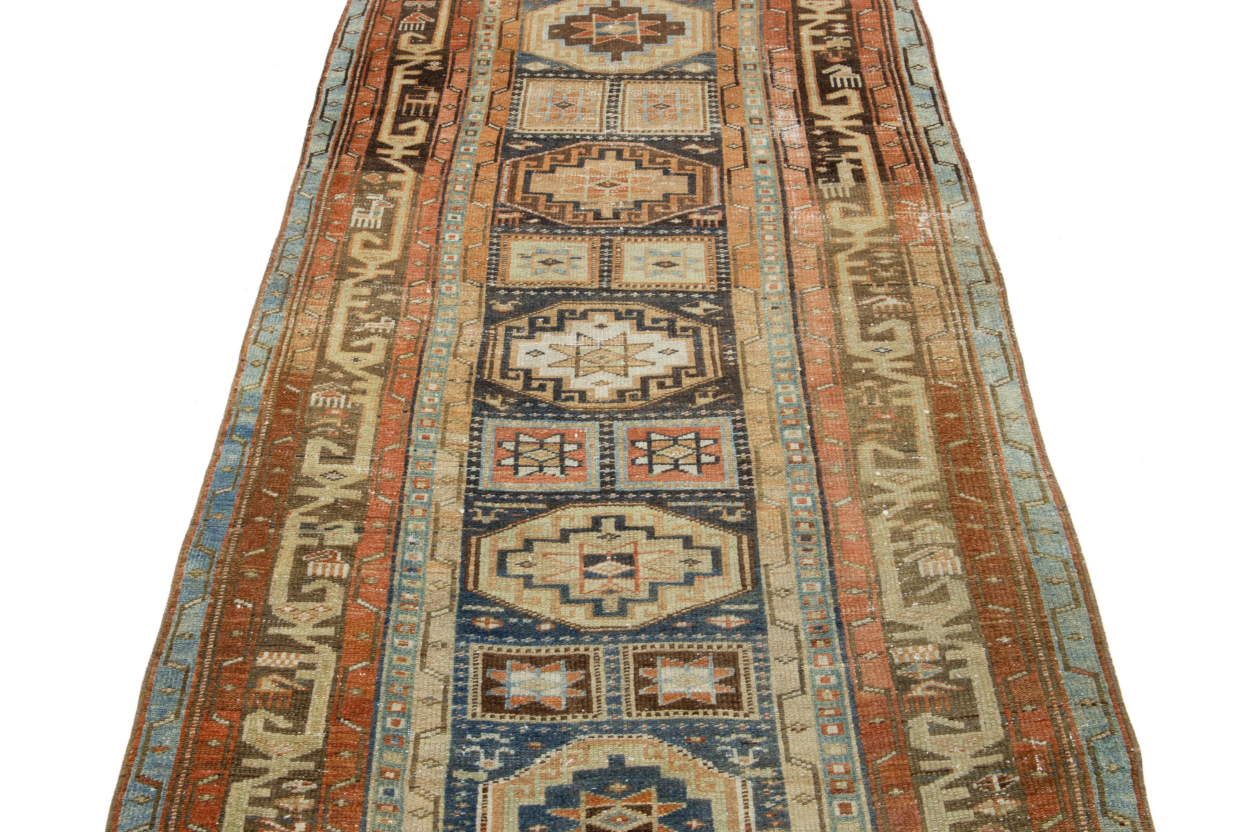 Geometric Antique Heriz Wool Runner In Blue and Orange In Excellent Condition For Sale In Norwalk, CT