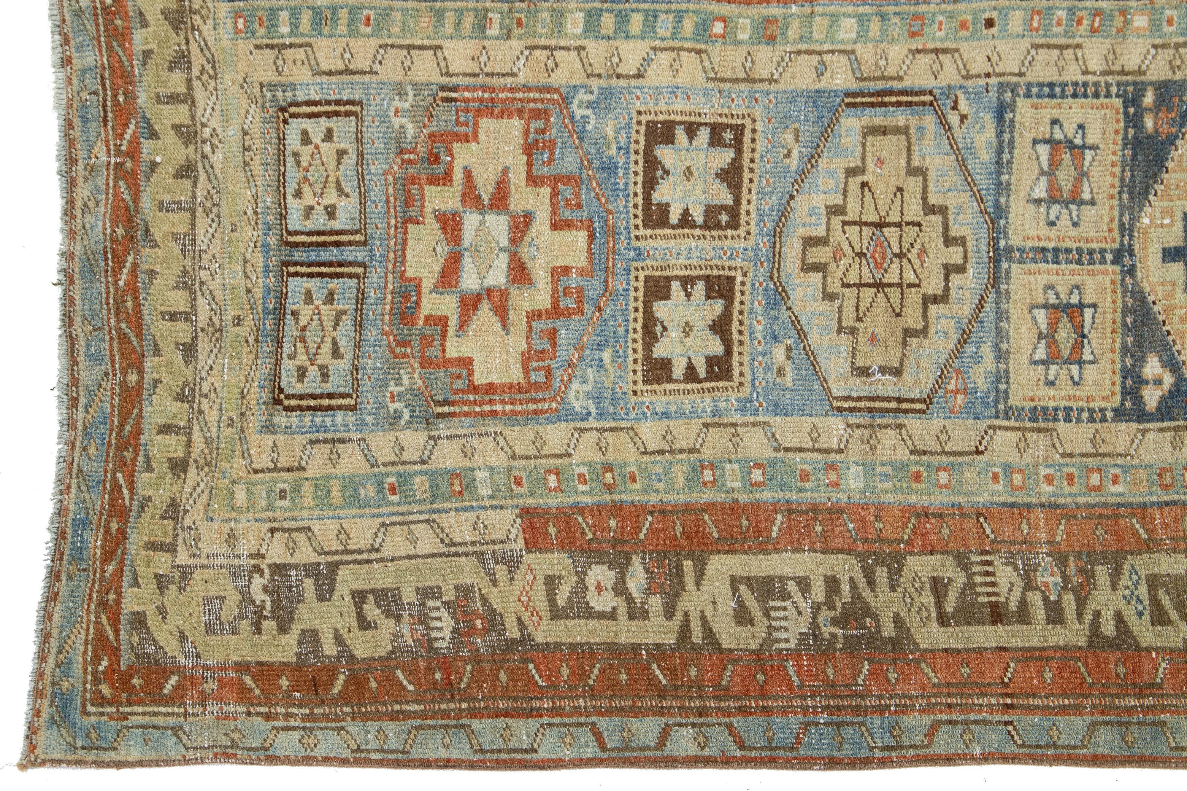 20th Century Geometric Antique Heriz Wool Runner In Blue and Orange For Sale