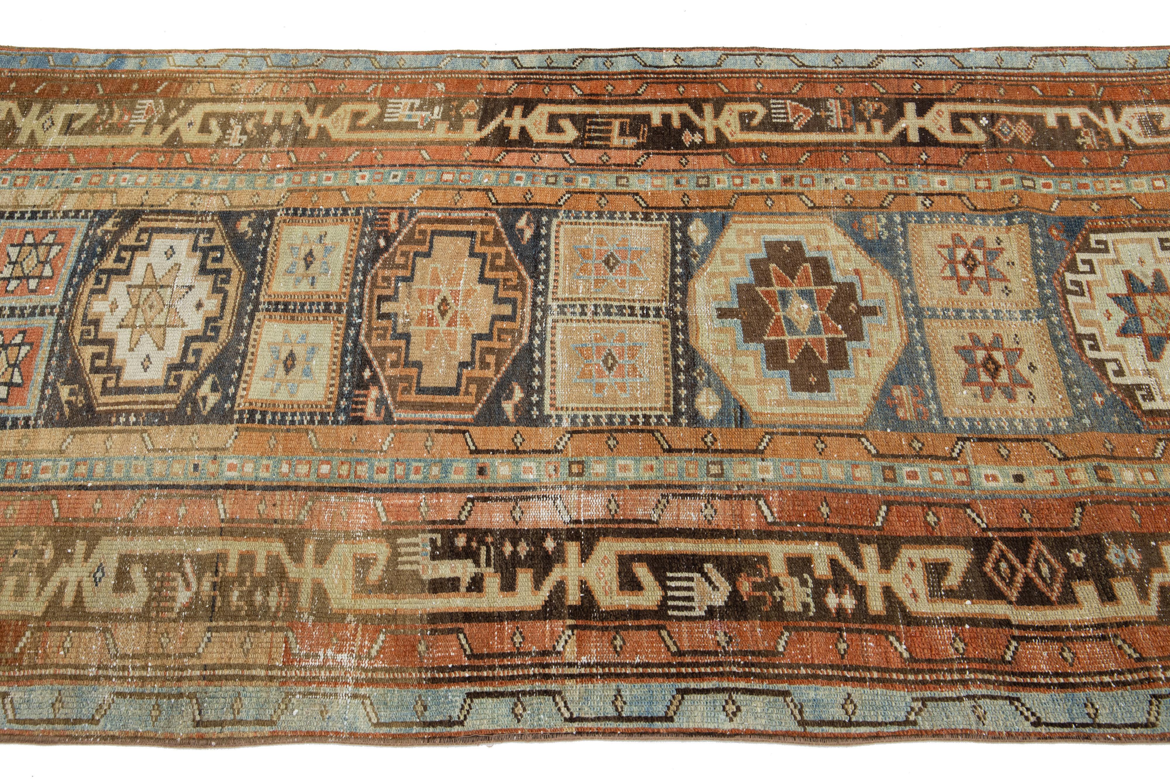 Geometric Antique Heriz Wool Runner In Blue and Orange For Sale 1