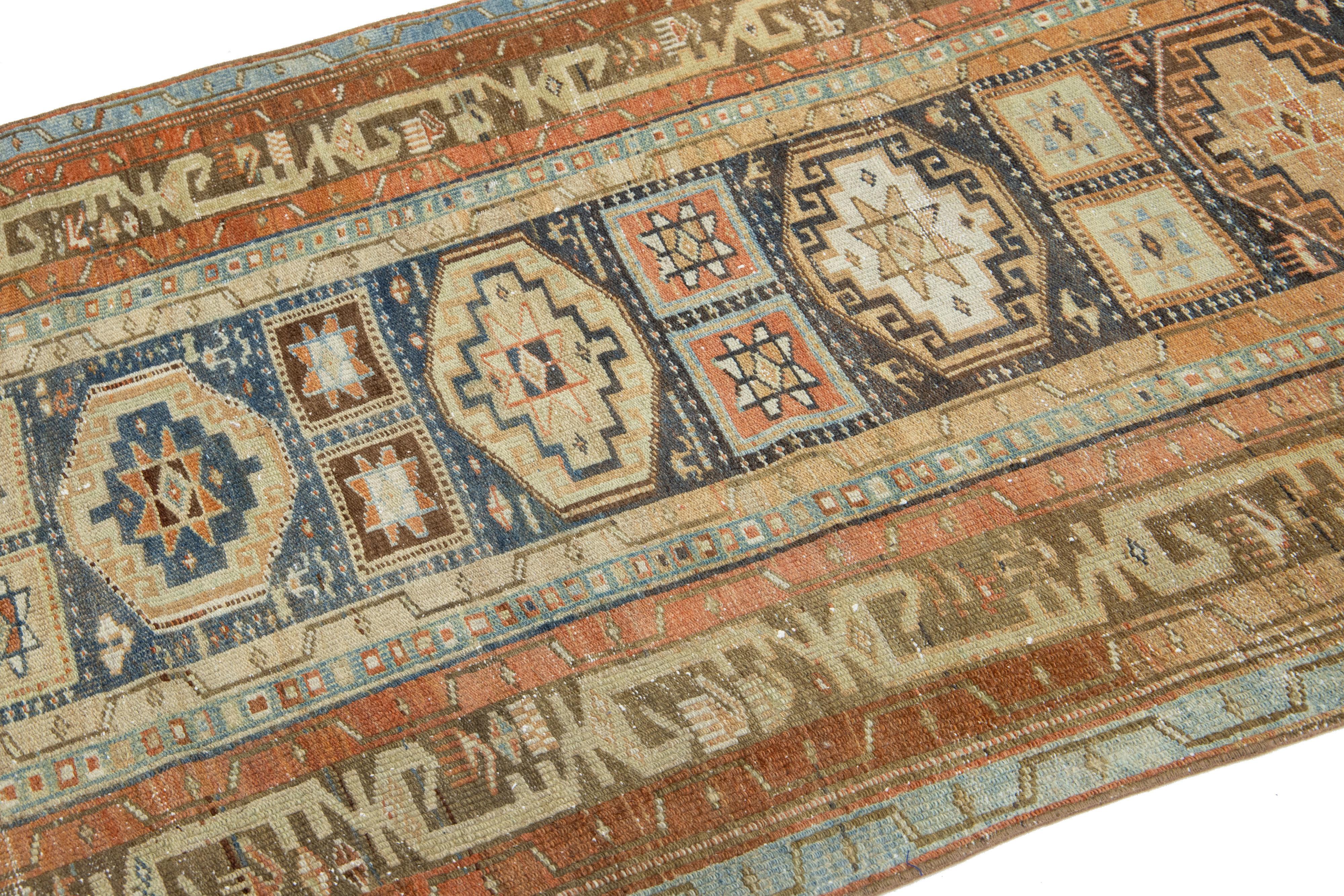 Geometric Antique Heriz Wool Runner In Blue and Orange For Sale 2