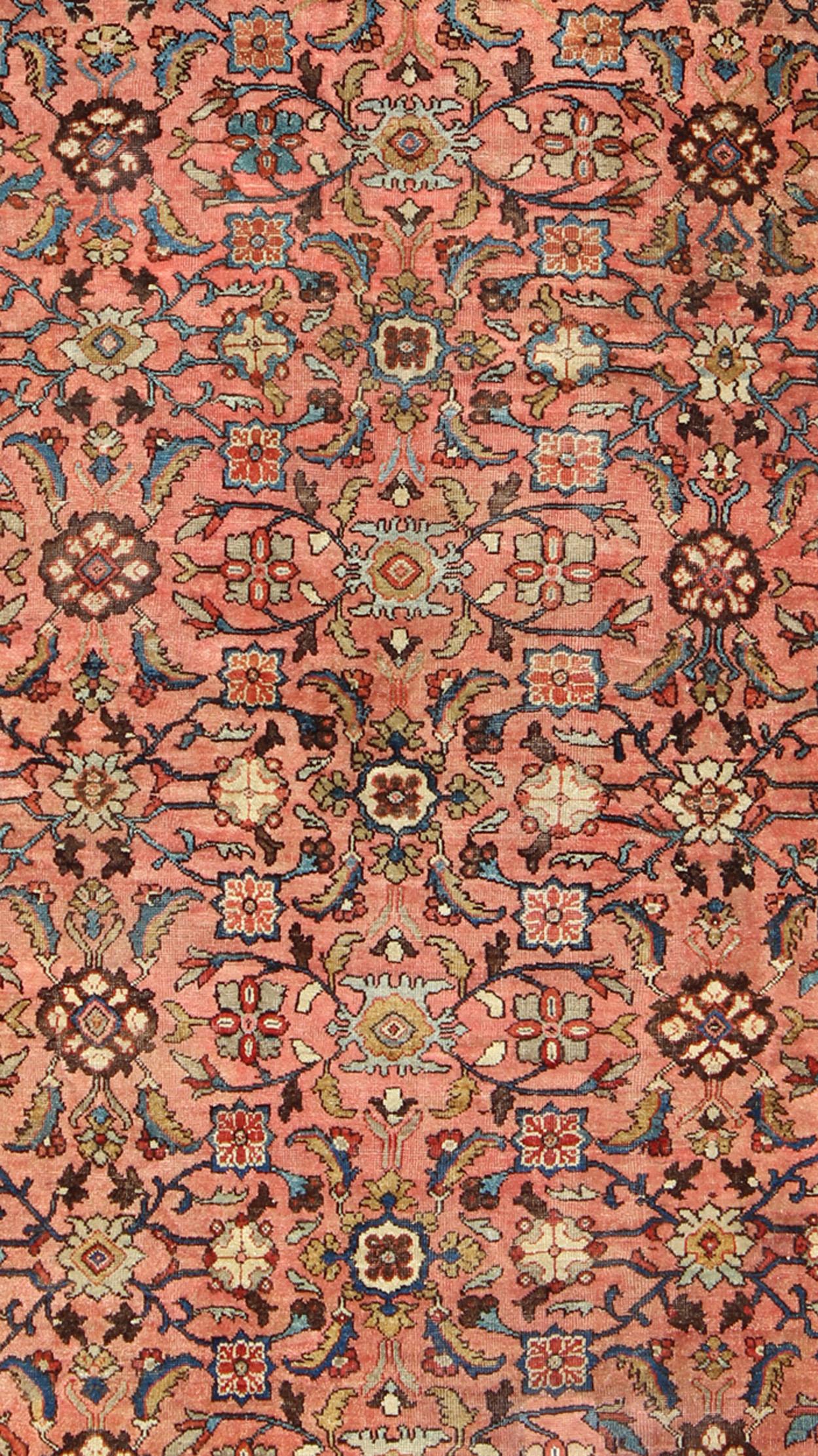   Antique Persian Sultanabad Colorful Rug With All-Over Design in salmon & Gold In Good Condition For Sale In Atlanta, GA