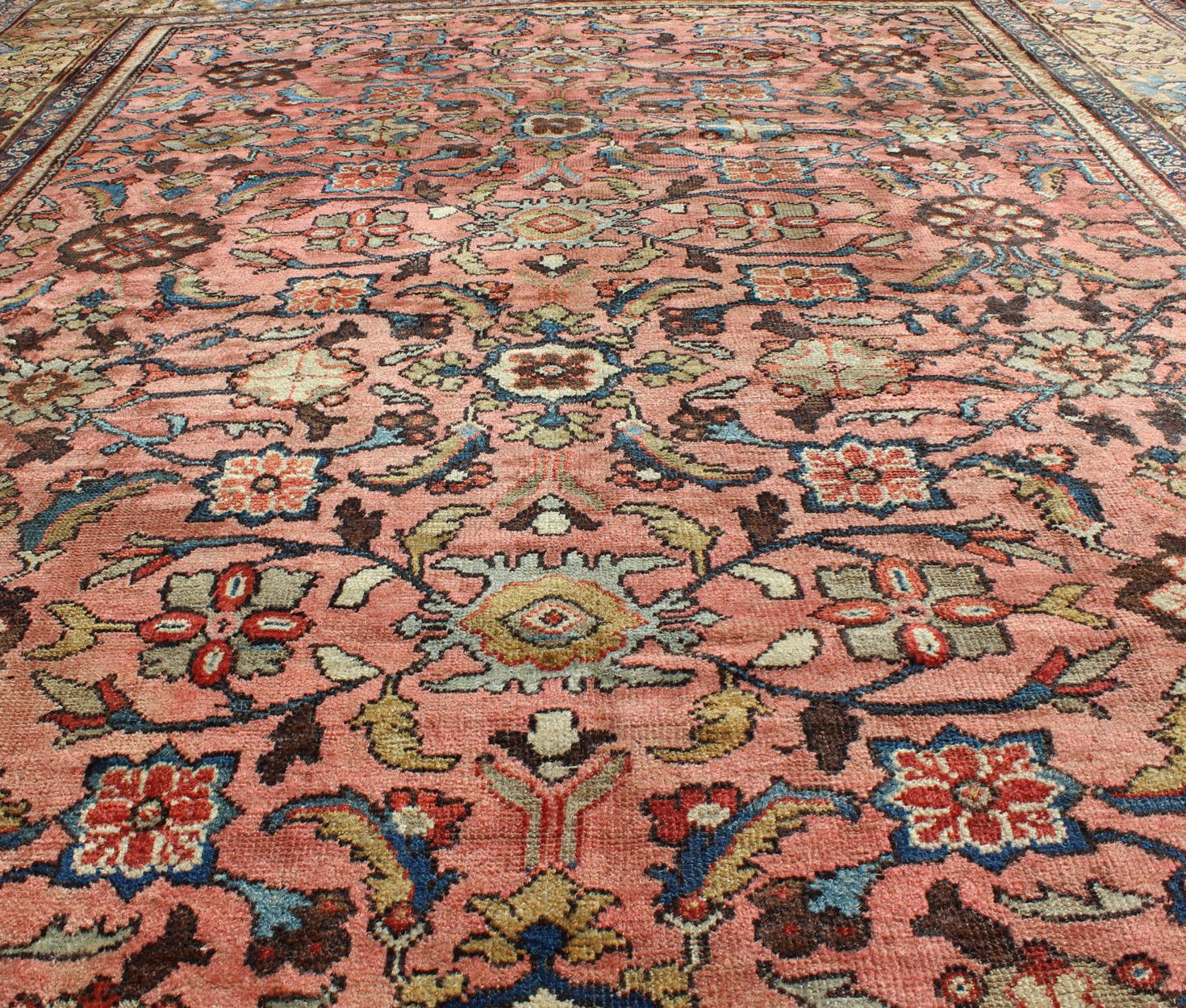Late 19th Century   Antique Persian Sultanabad Colorful Rug With All-Over Design in salmon & Gold For Sale
