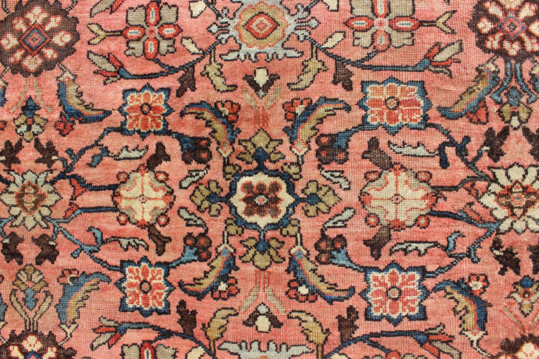 Wool   Antique Persian Sultanabad Colorful Rug With All-Over Design in salmon & Gold For Sale