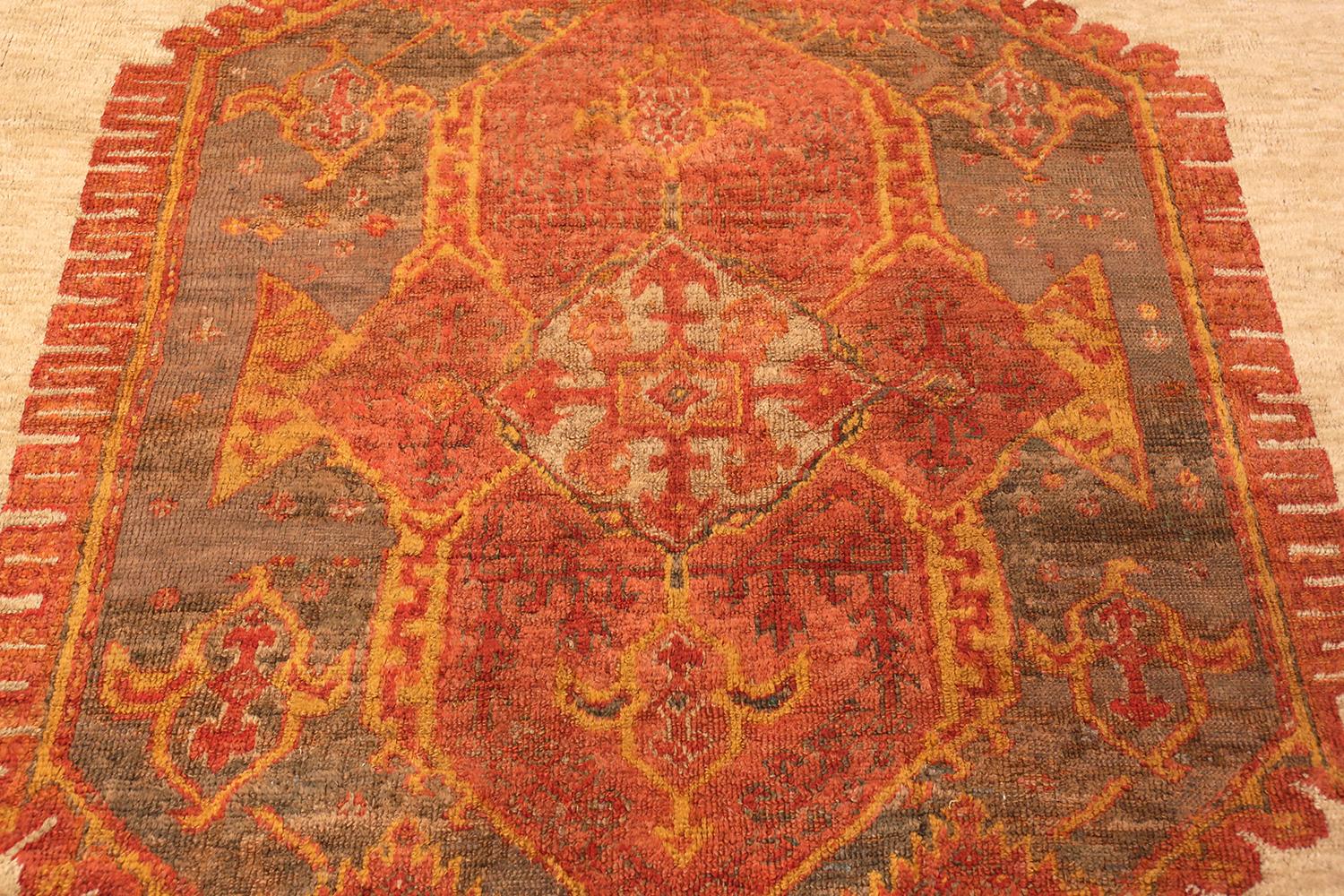 Hand-Knotted Geometric Antique Turkish Oushak Angora Rug For Sale