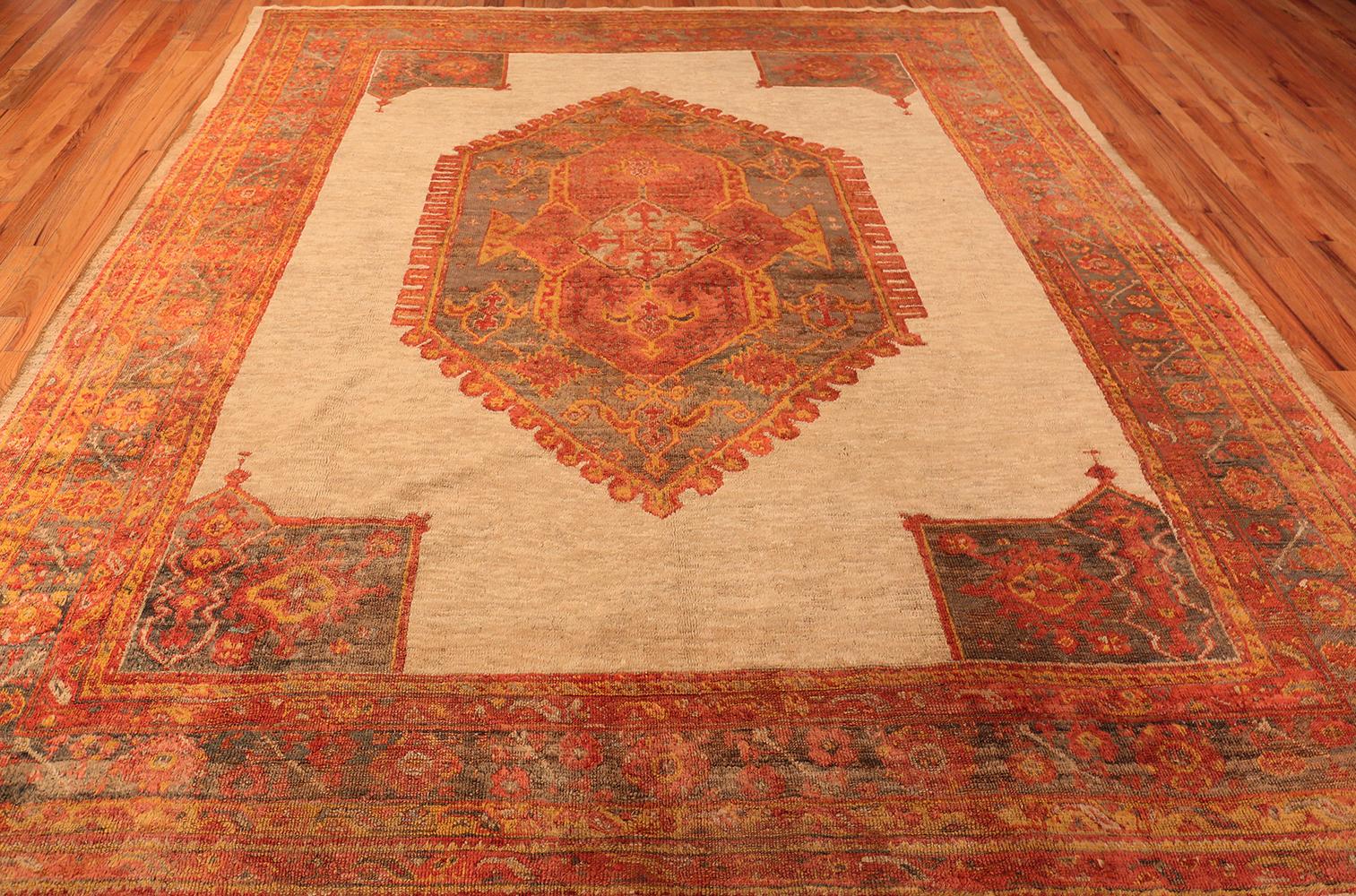 Geometric Antique Turkish Oushak Angora Rug For Sale 1