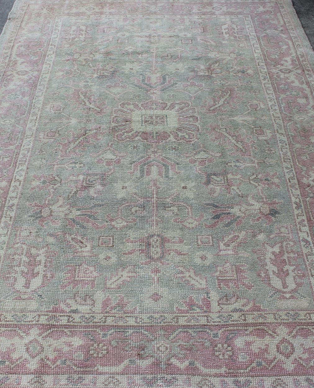 Geometric Antique Turkish Oushak Rug in Pink and Light Green For Sale 5