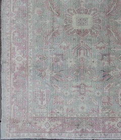 Vintage Turkish Oushak Rug in Soft Rose, Light Green, and Faded Ivory