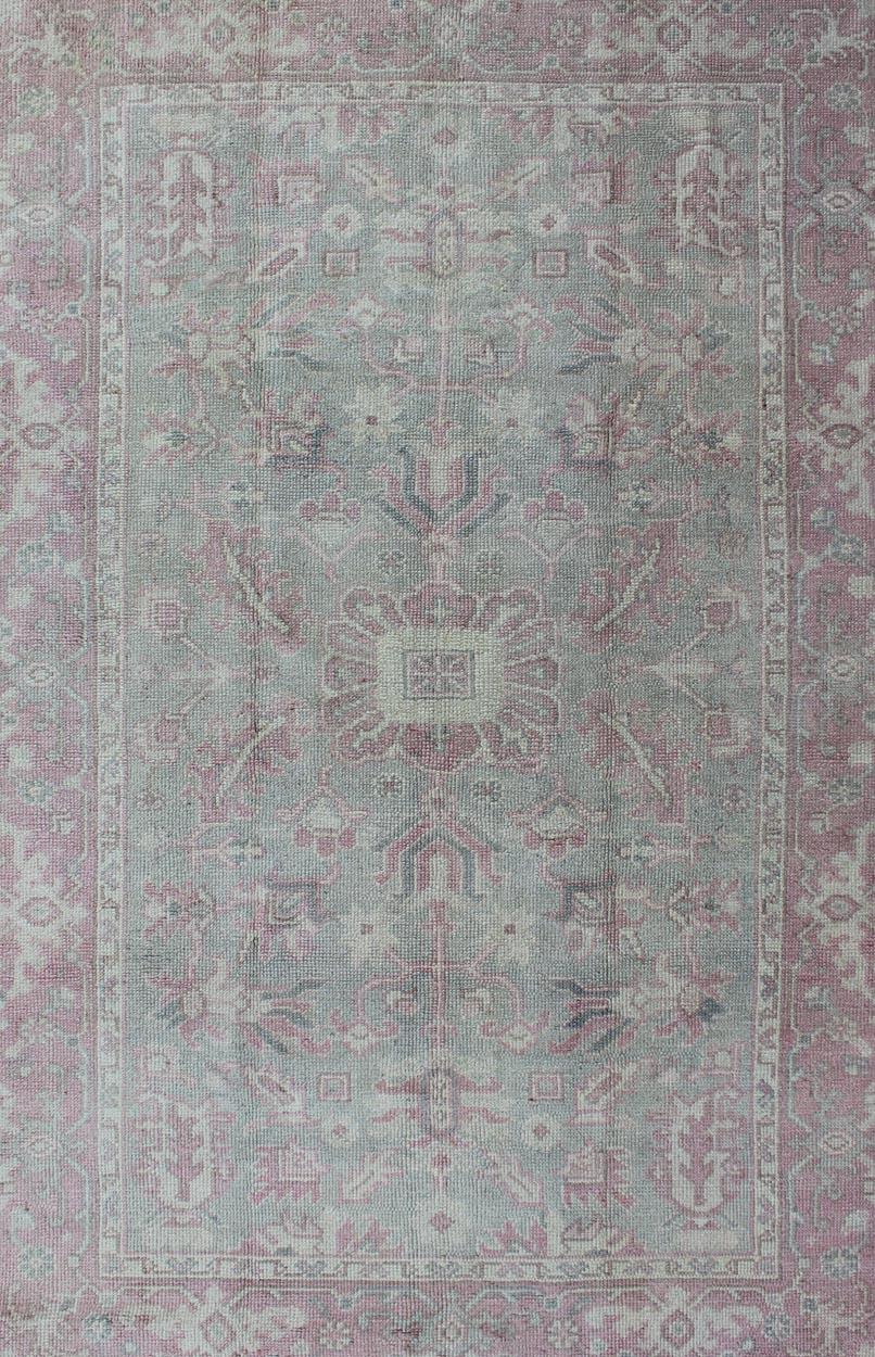 Hand-Knotted Geometric Antique Turkish Oushak Rug in Pink and Light Green For Sale