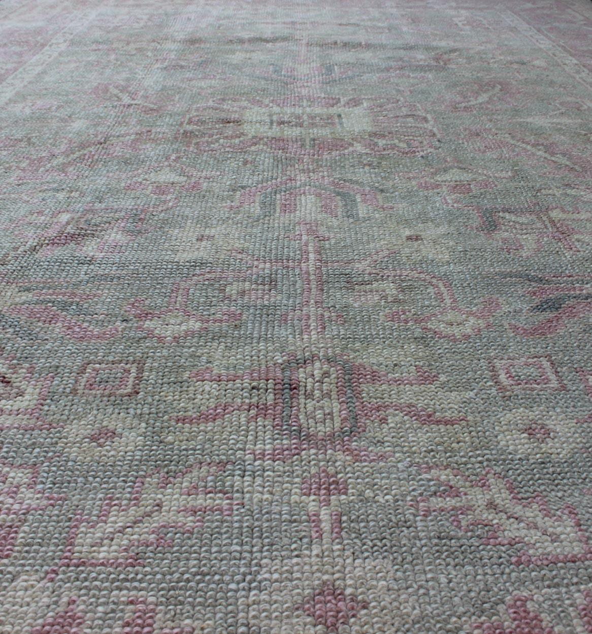 Wool Geometric Antique Turkish Oushak Rug in Pink and Light Green For Sale