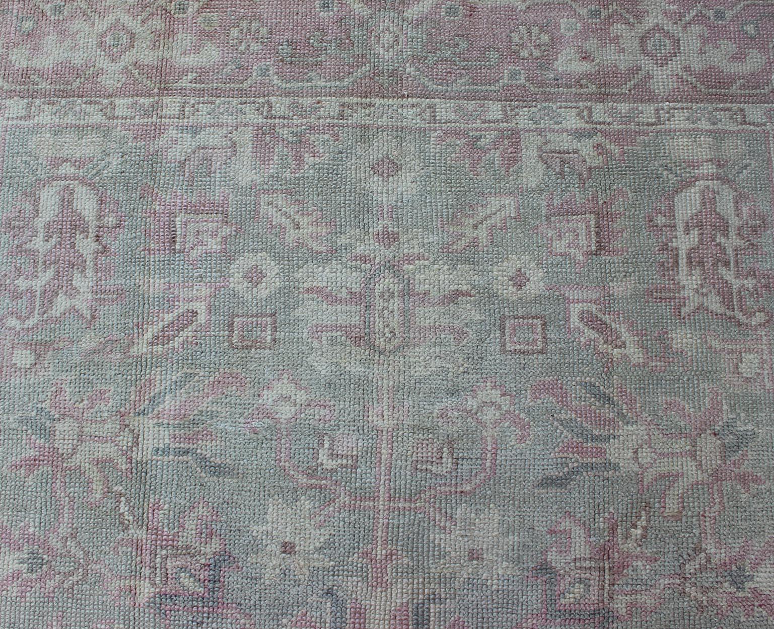 Geometric Antique Turkish Oushak Rug in Pink and Light Green For Sale 1