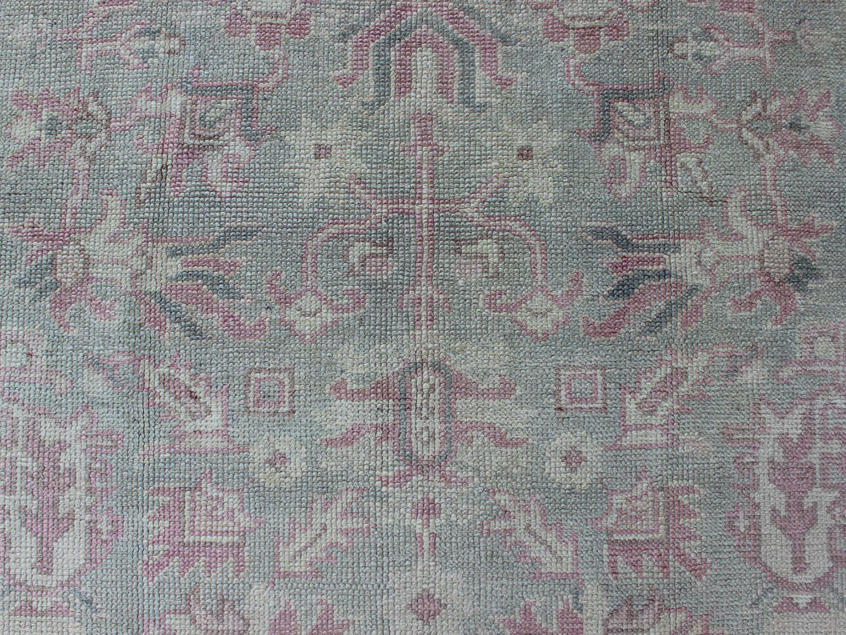 Geometric Antique Turkish Oushak Rug in Pink and Light Green For Sale 2
