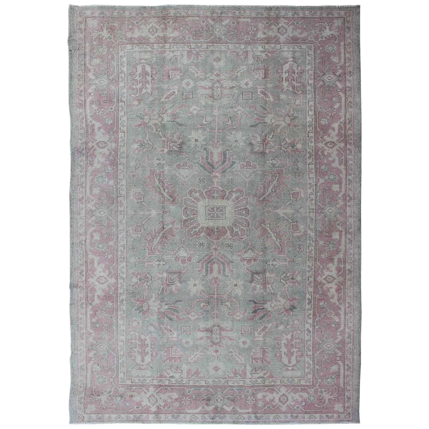 Geometric Antique Turkish Oushak Rug in Pink and Light Green