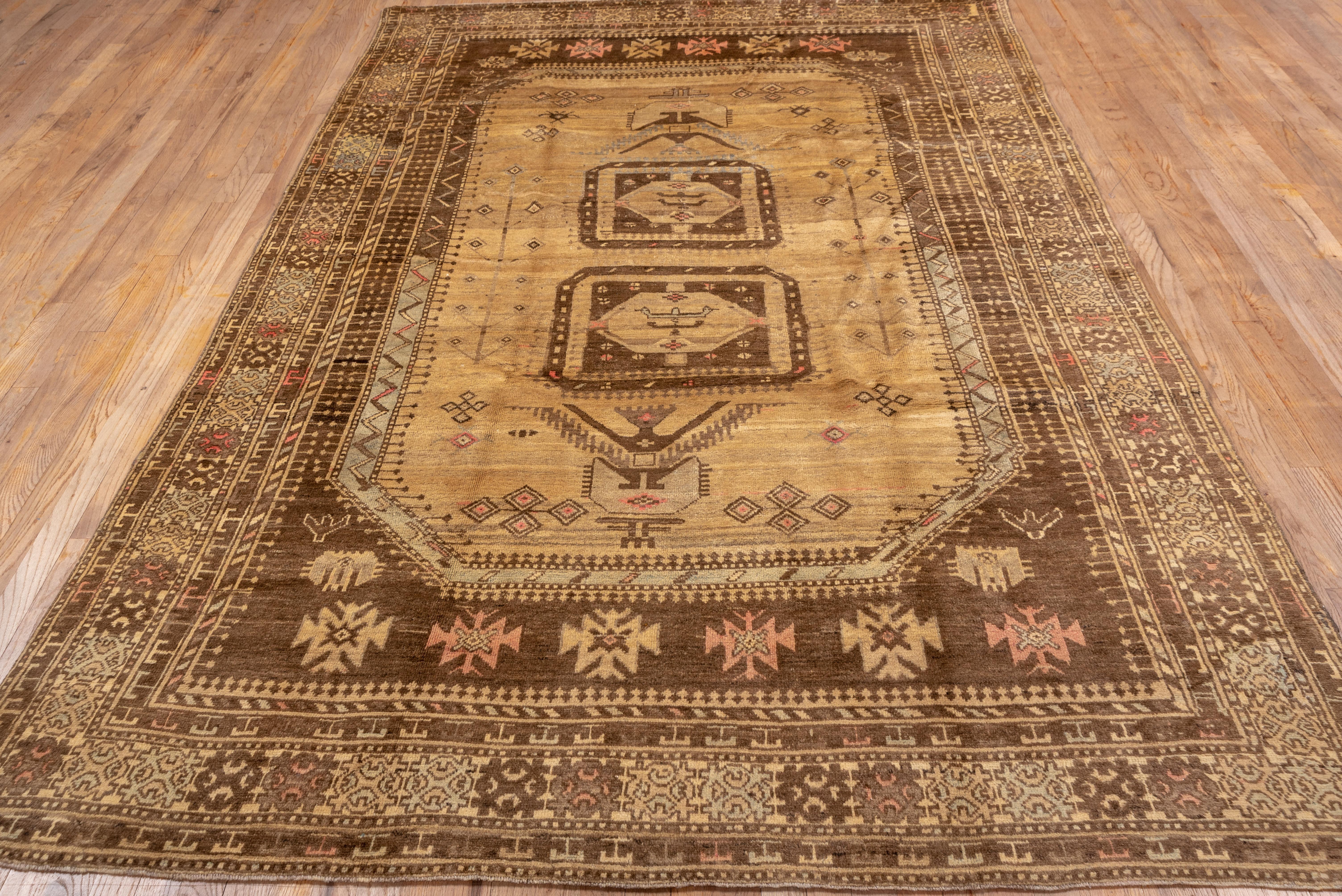 Geometric Antique Turkish Oushak Rug, Seafoam & Hot Pink Accents, Brown Palette In Good Condition For Sale In New York, NY