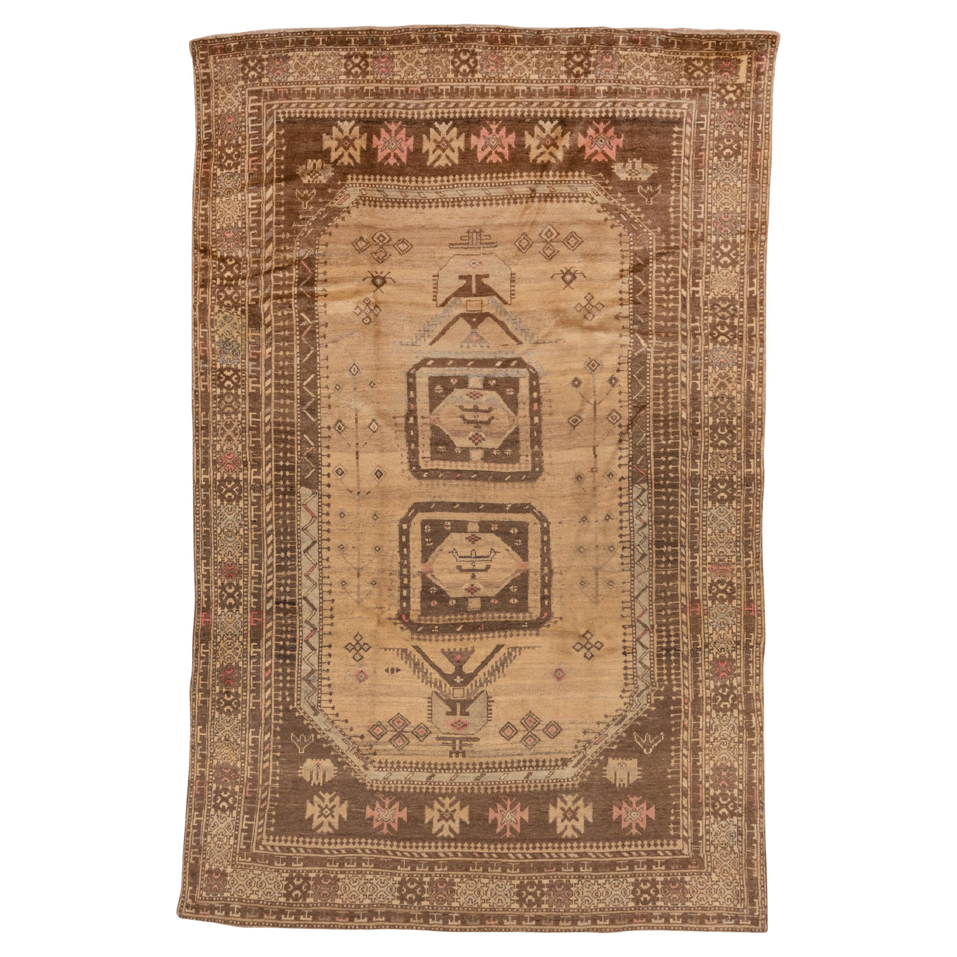 Geometric Antique Turkish Oushak Rug, Seafoam & Hot Pink Accents, Brown Palette For Sale