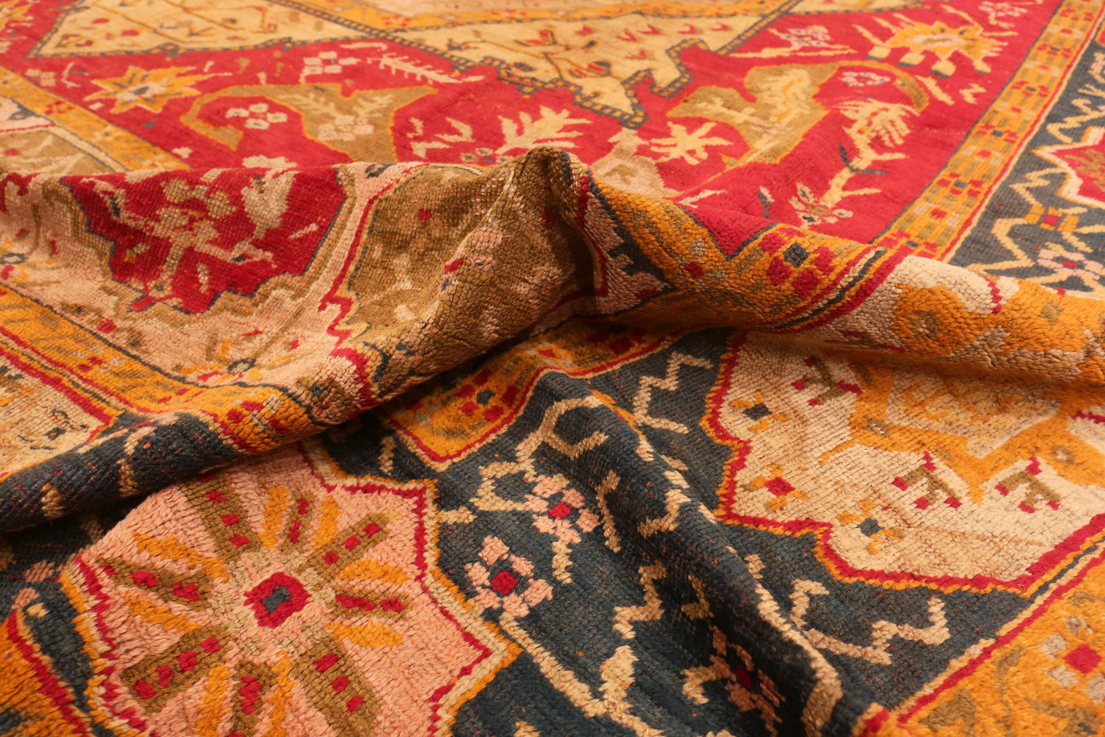 Gorgeous Geometric Antique Turkish Oushak Rug, Country of Origin: Turkey, Circa Date: 1900. Size: 12 ft x 14 ft 3 in (3.66 m x 4.34 m)