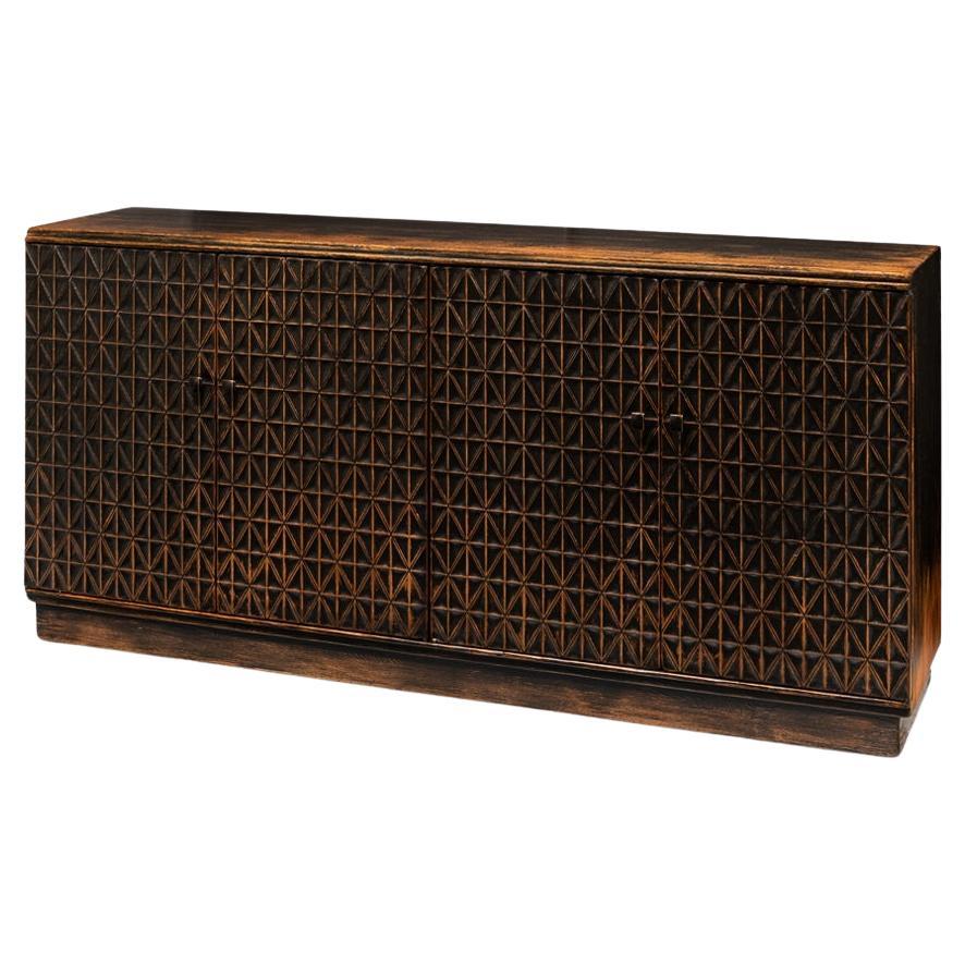 Geometric Appeal Rustic Pine Credenza For Sale