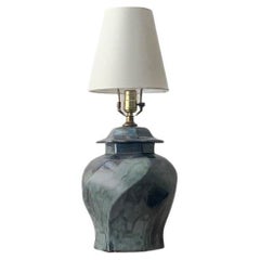 Vintage Geometric Aqua & Brass Table Lamp