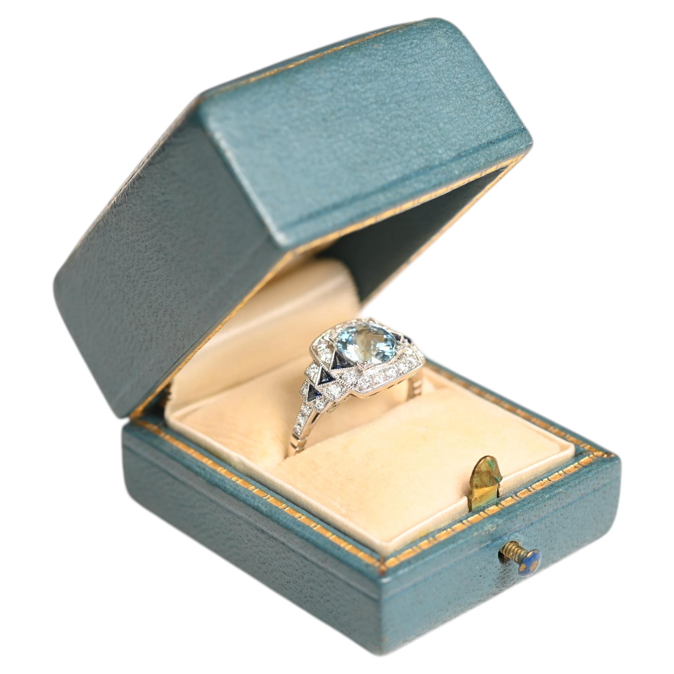 Geometric Aquamarine Ring. 1.20ct Round Cut and Sapphire Diamond Accent Platinum