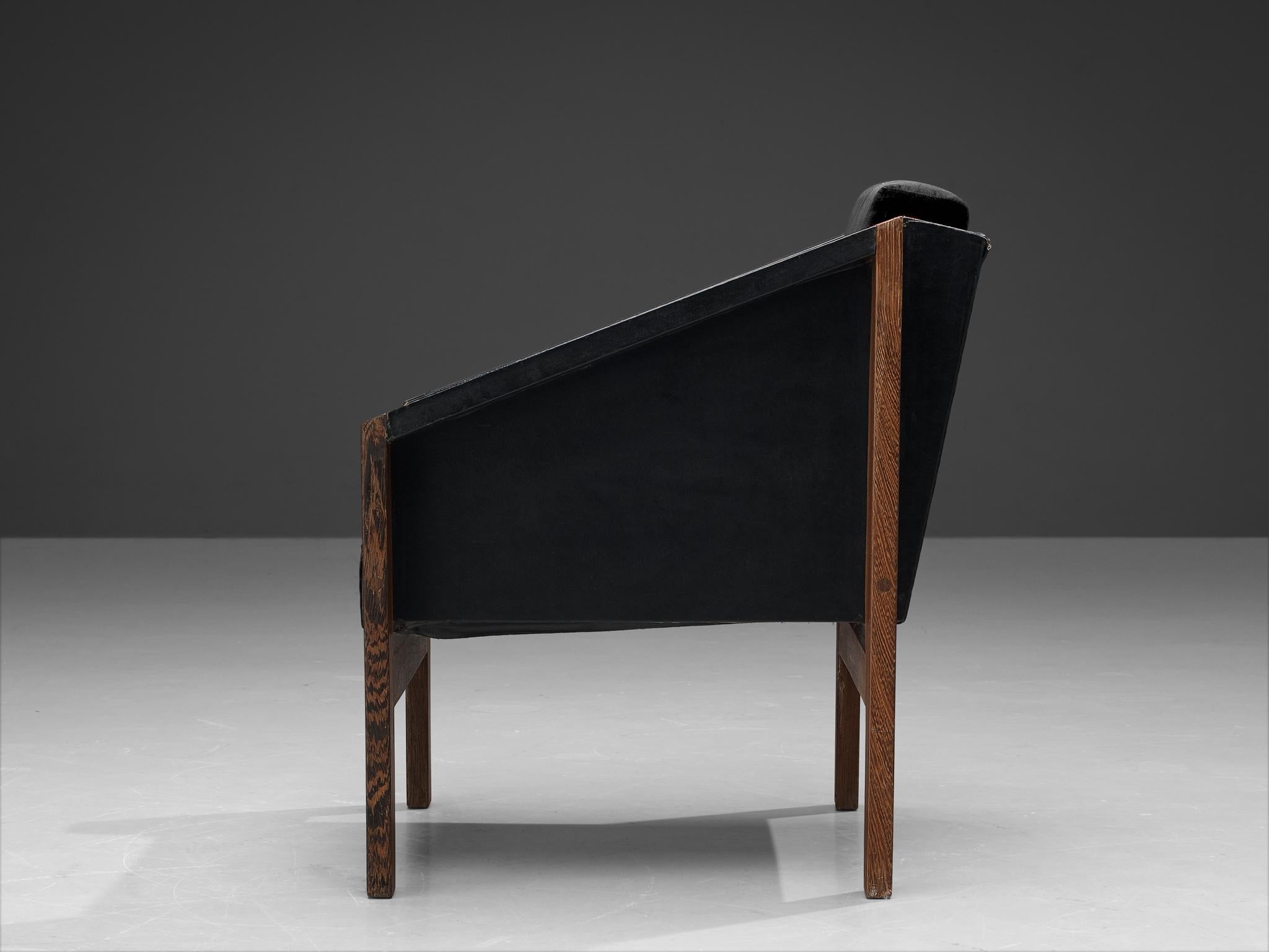 Mid-Century Modern Geometric Armchair in Wengé and Black Leatherette For Sale
