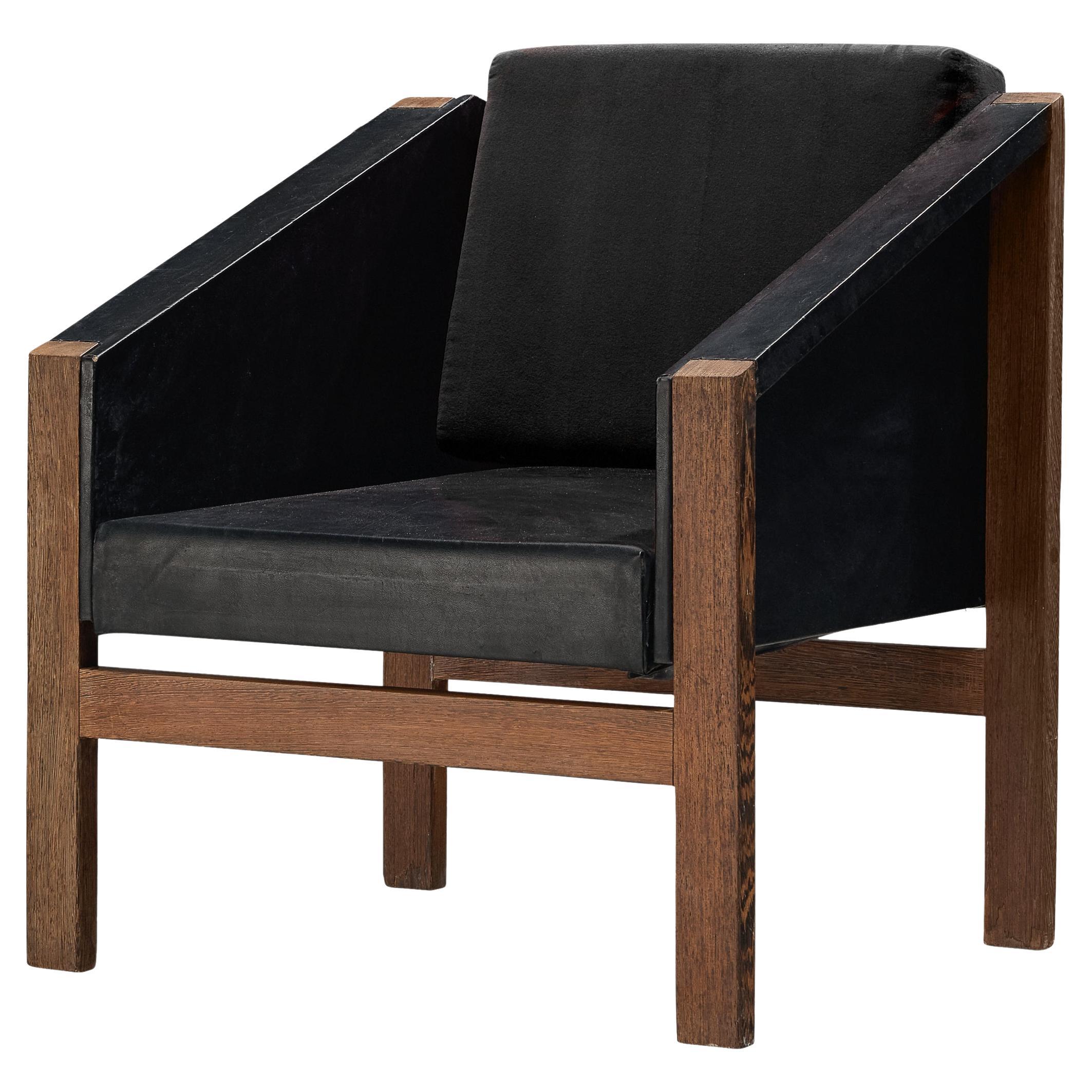 Geometric Armchair in Wengé and Black Leatherette For Sale