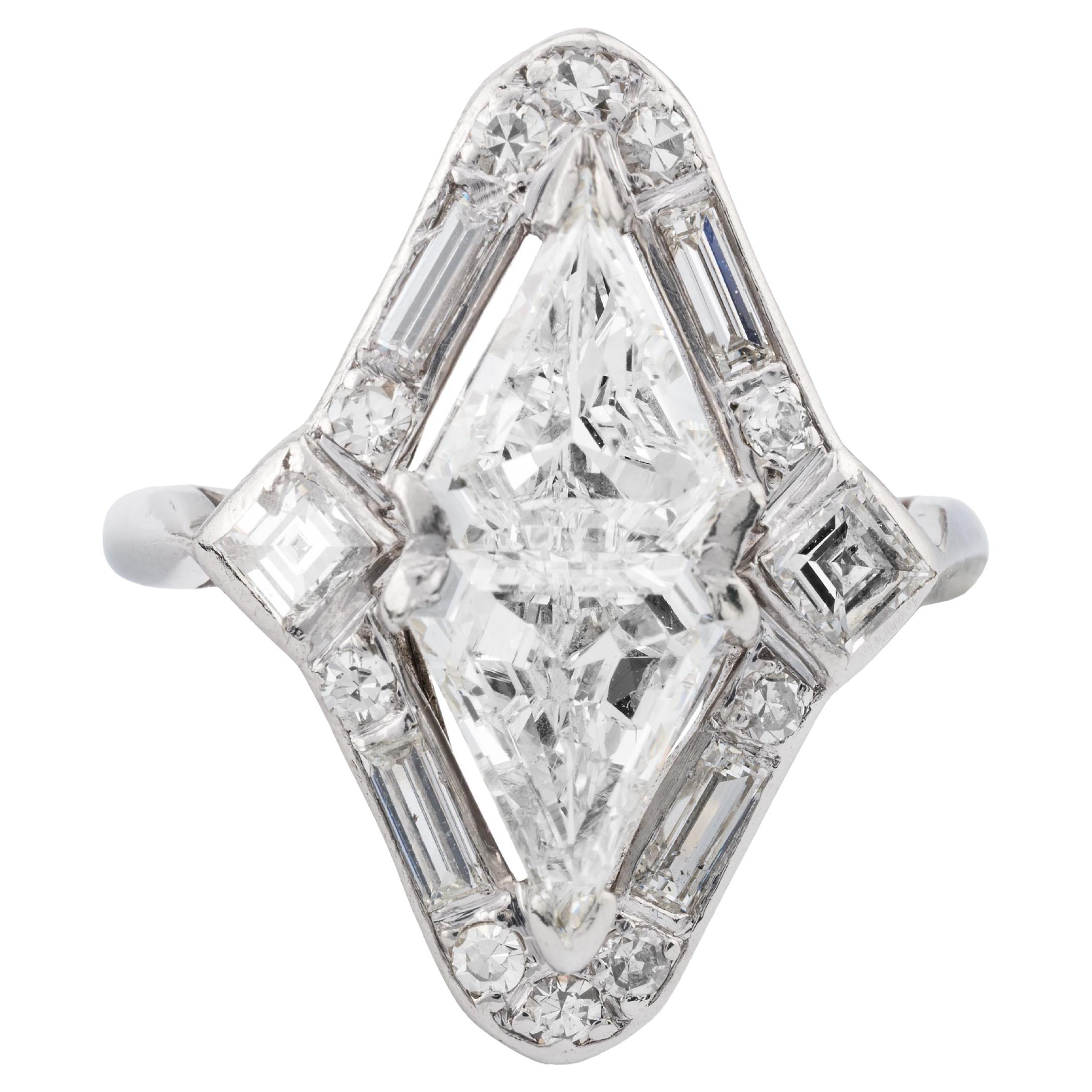 Geometric Art Deco 3.06ct Kite Shaped Double Diamond Ring in Platinum For Sale
