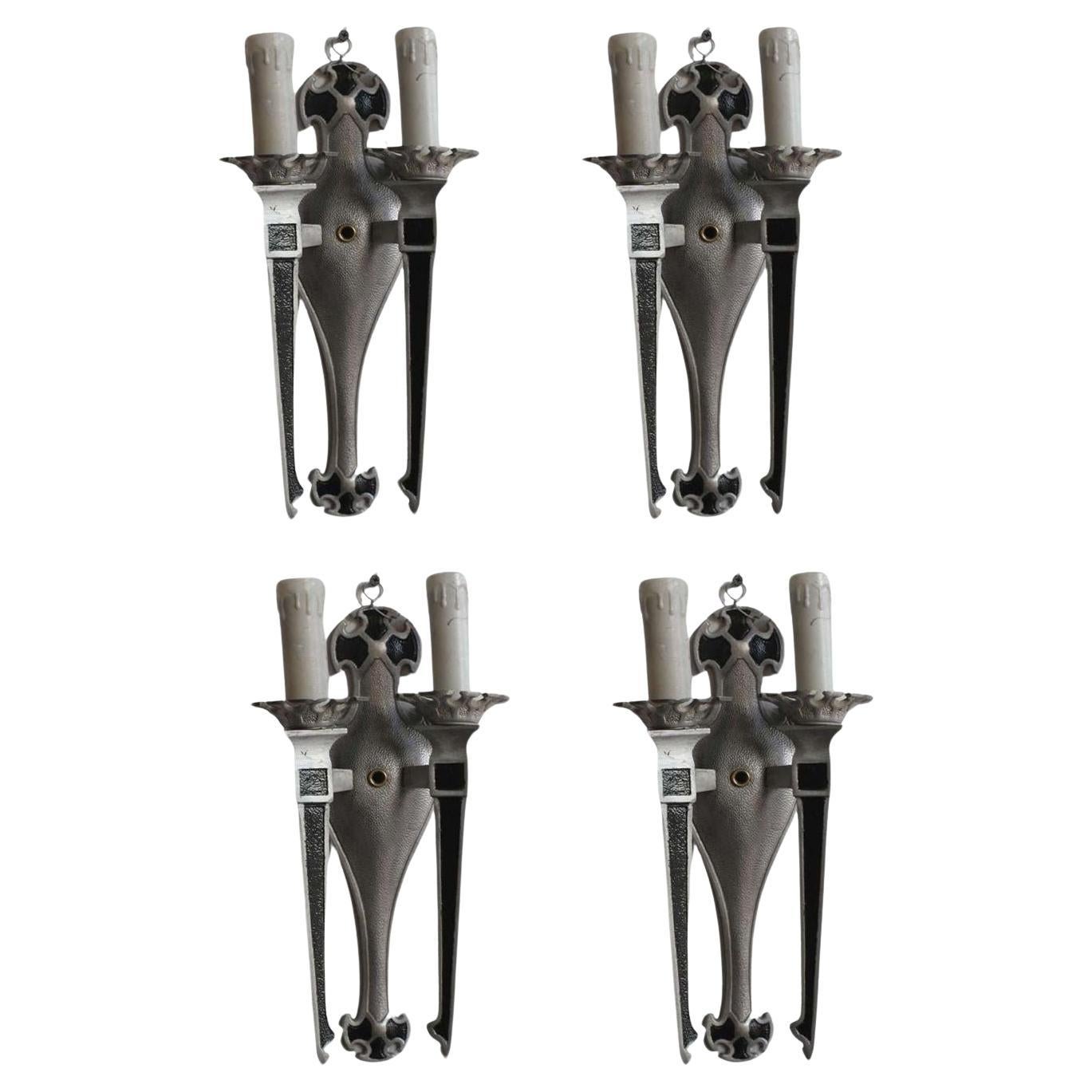 Geometric Art Deco Aluminum Lighted Wall Sconces, Set of 4 For Sale