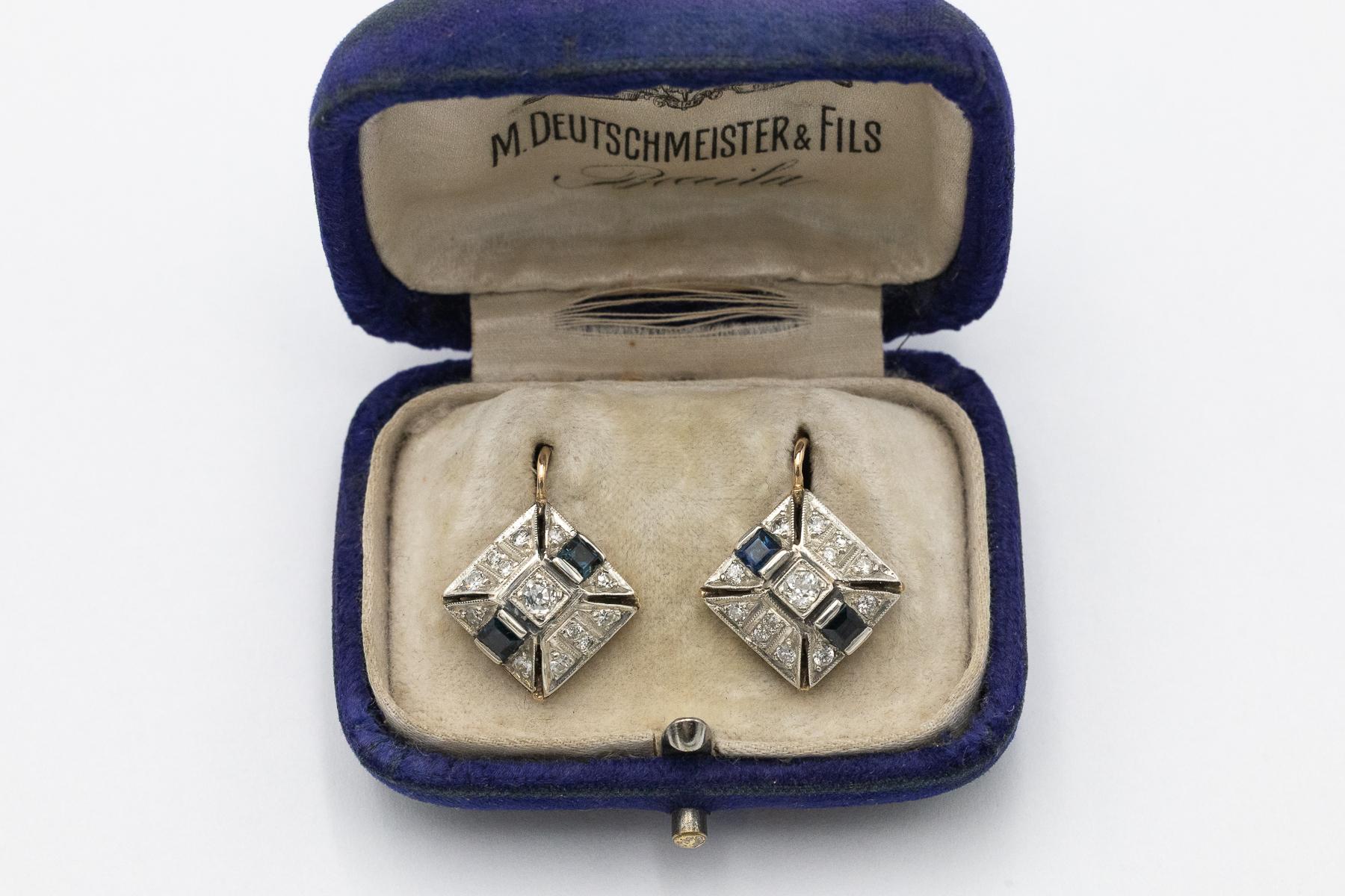 Geometrische Art-Déco-Ohrringe mit Diamanten und Saphiren, Österreich-Ungarn. (Art déco) im Angebot