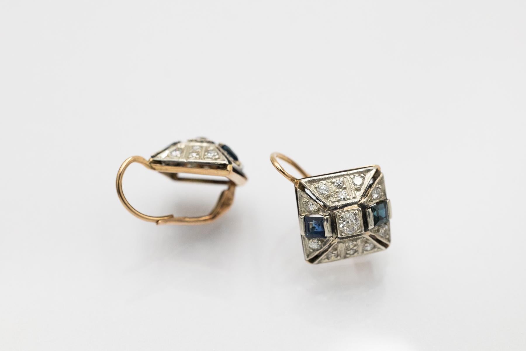 Geometrische Art-Déco-Ohrringe mit Diamanten und Saphiren, Österreich-Ungarn. im Angebot 1