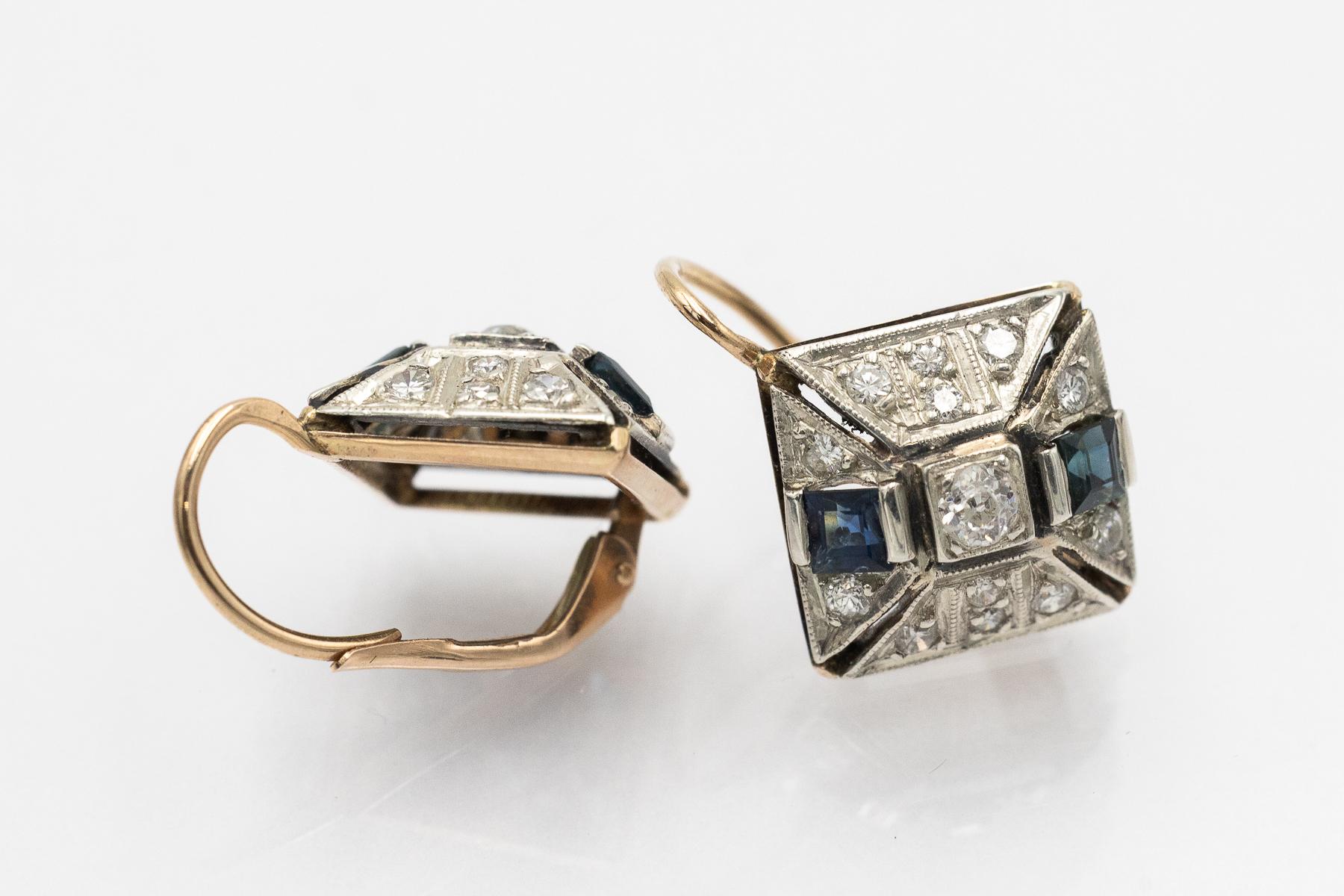 Geometrische Art-Déco-Ohrringe mit Diamanten und Saphiren, Österreich-Ungarn. im Angebot 2