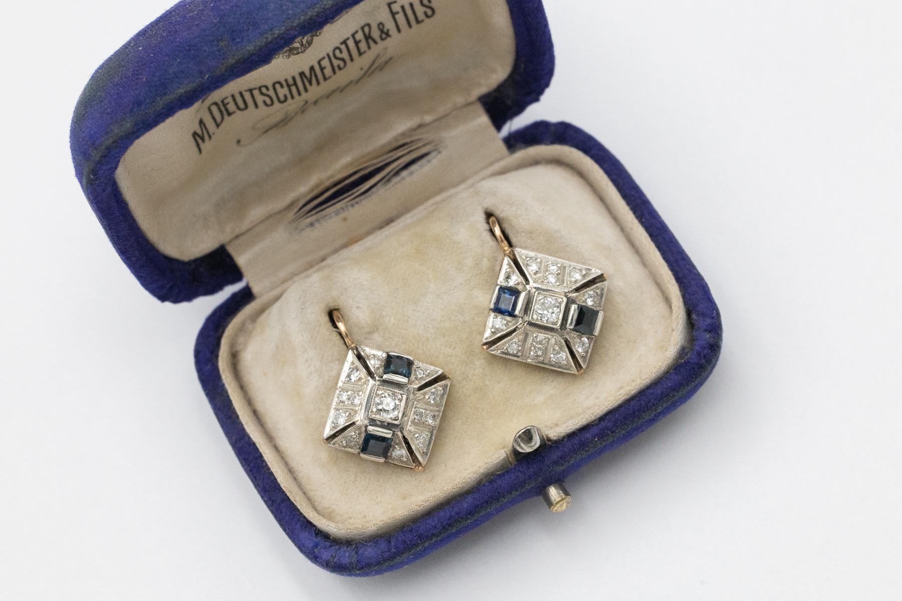 Geometrische Art-Déco-Ohrringe mit Diamanten und Saphiren, Österreich-Ungarn. im Angebot 3