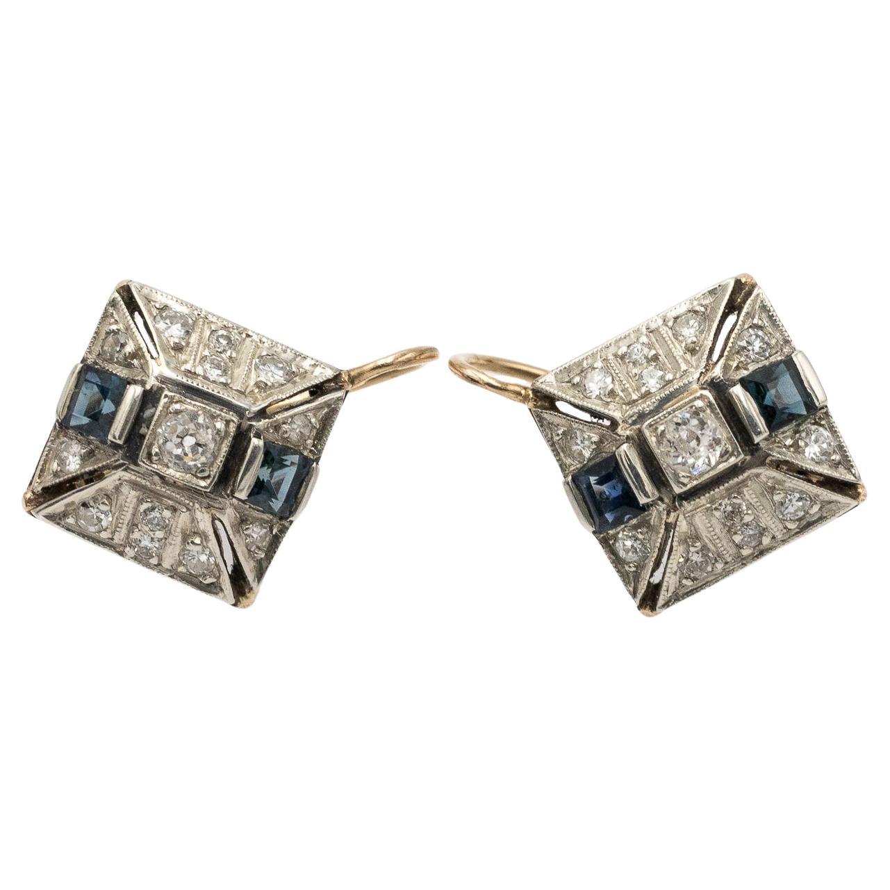 Boucles d'oreilles géométriques Art déco avec diamants et saphirs, Autriche-Hongrie.