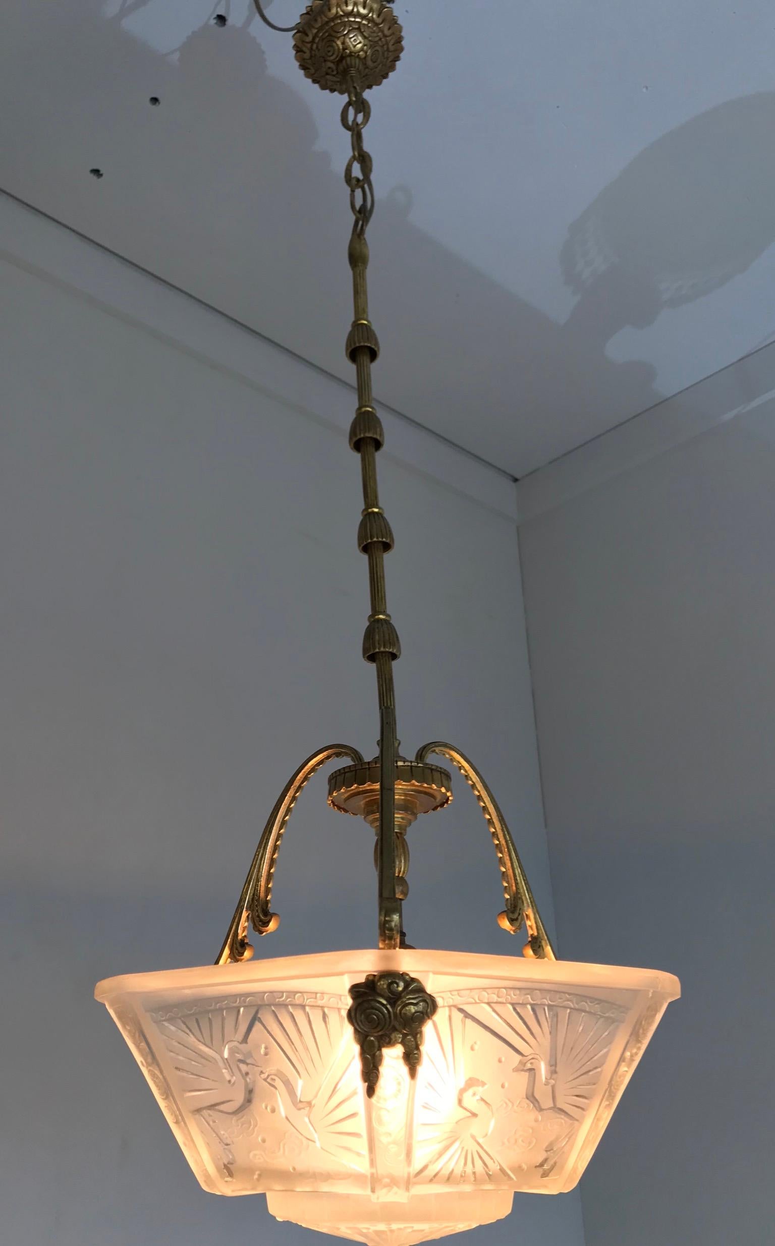 Timless Art Deco Gilt Bronze & Glass Pendant Light by Muller Frères Luneville For Sale 8