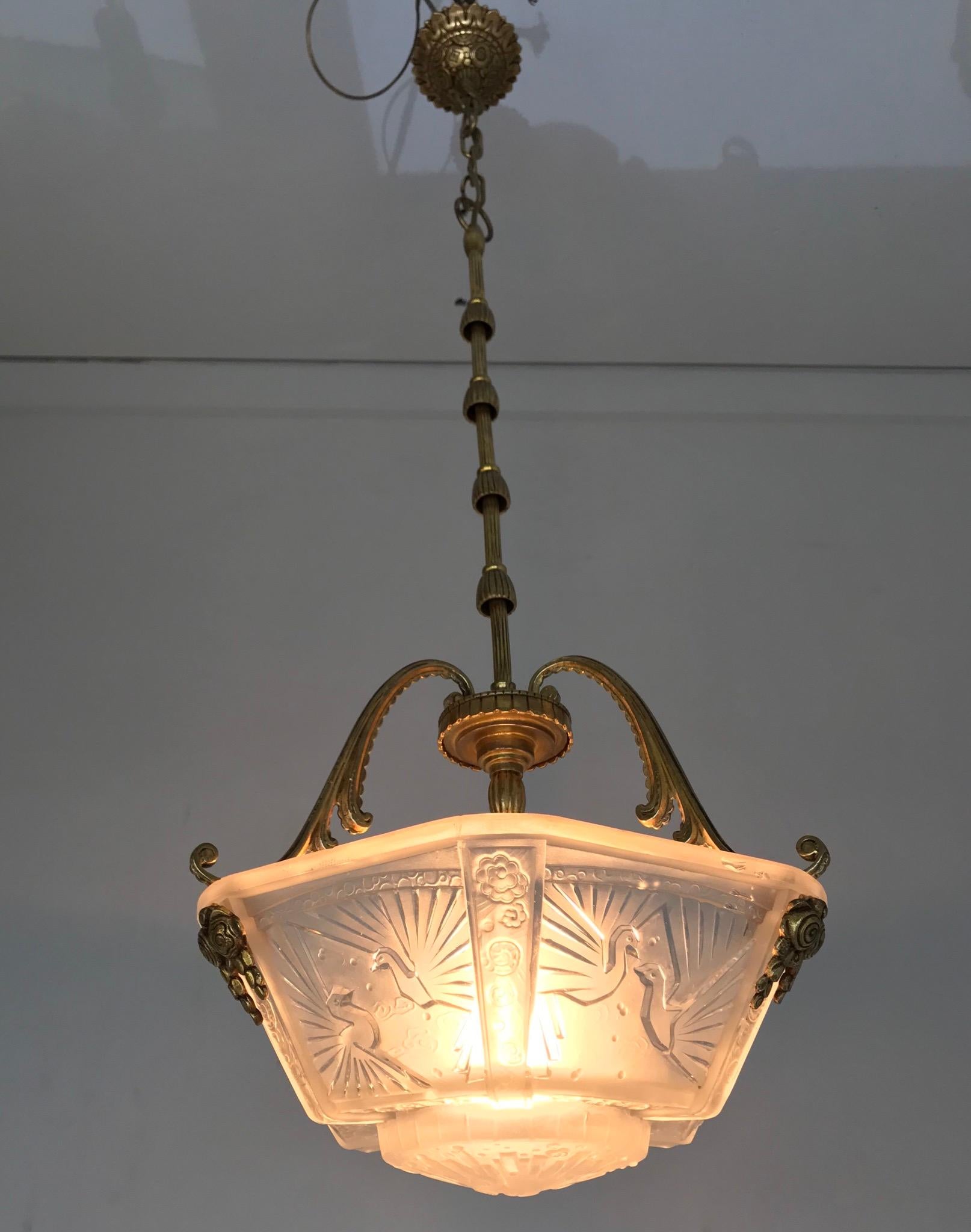 Timless Art Deco Gilt Bronze & Glass Pendant Light by Muller Frères Luneville For Sale 9