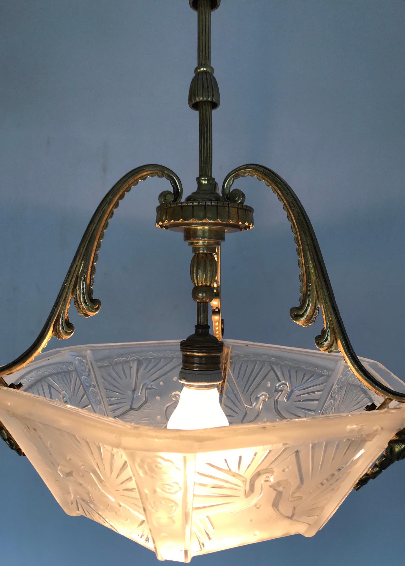 Timless Art Deco Gilt Bronze & Glass Pendant Light by Muller Frères Luneville For Sale 11