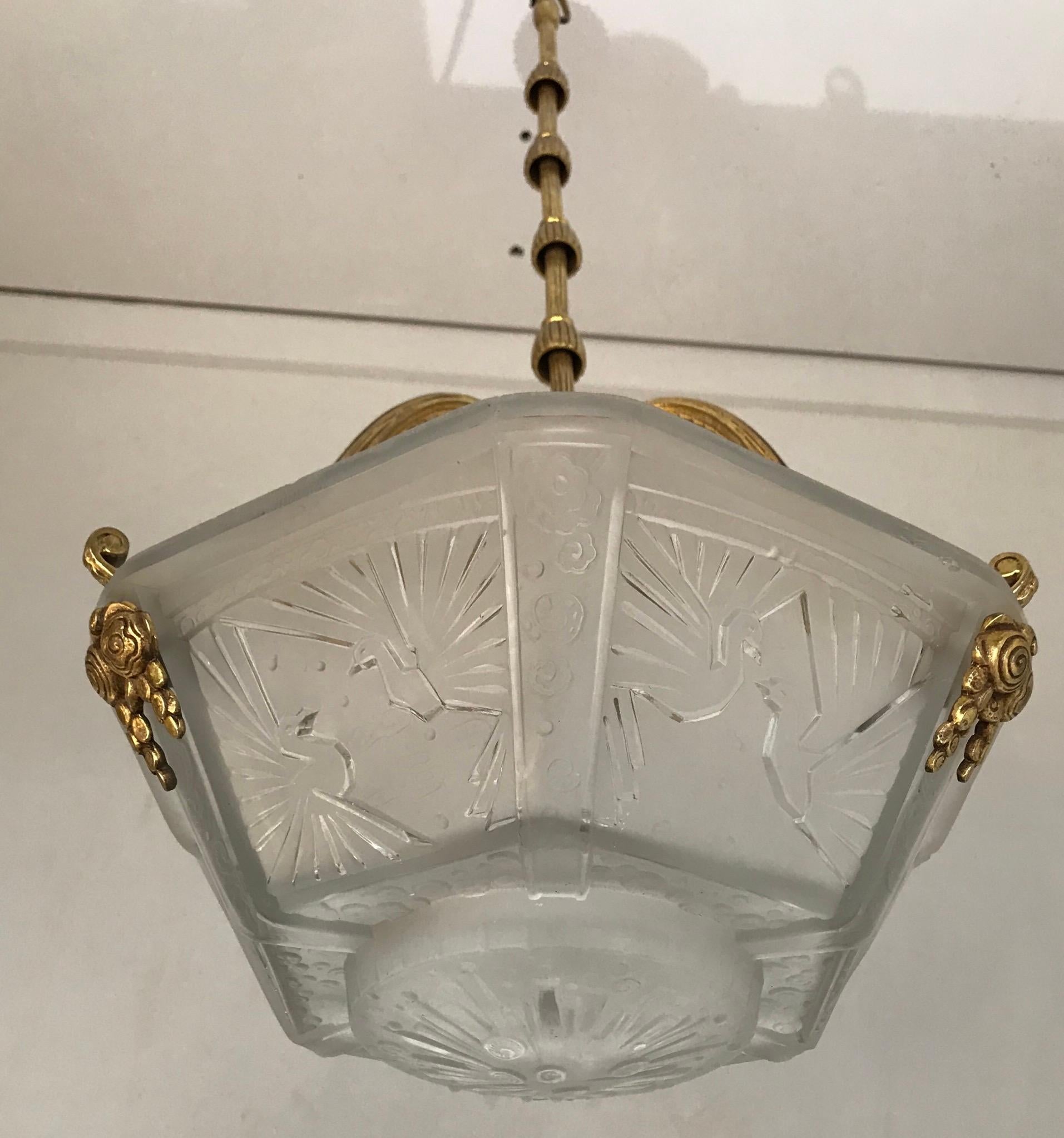 Timless Art Deco Gilt Bronze & Glass Pendant Light by Muller Frères Luneville For Sale 12