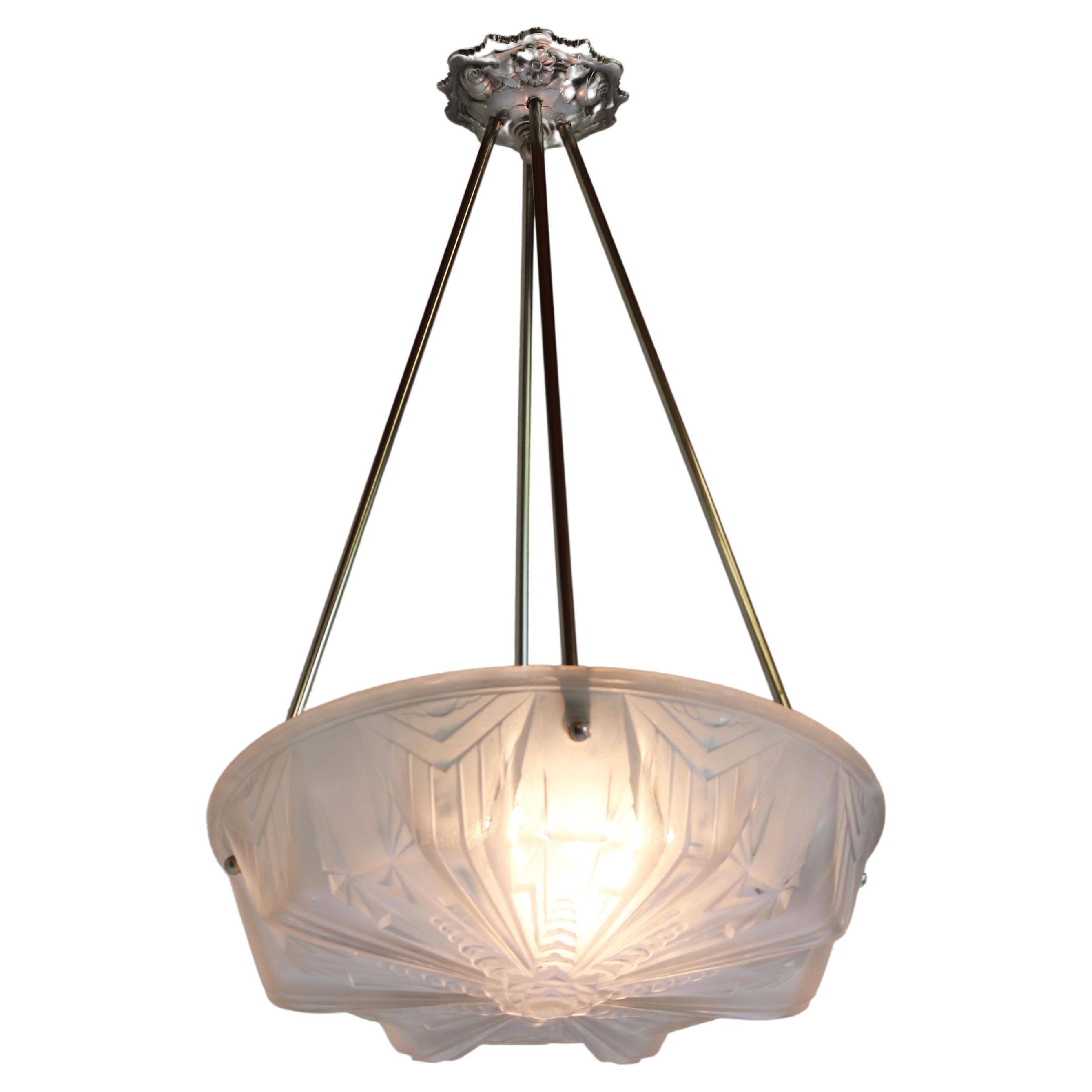 Geometric Art Deco Pendant / Chandelier 1930 France by Muller Frères Luneville For Sale