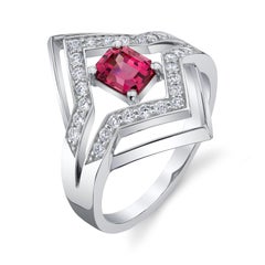 Geometric Art Deco Pink Spinel & Diamond 18K White Gold Ring