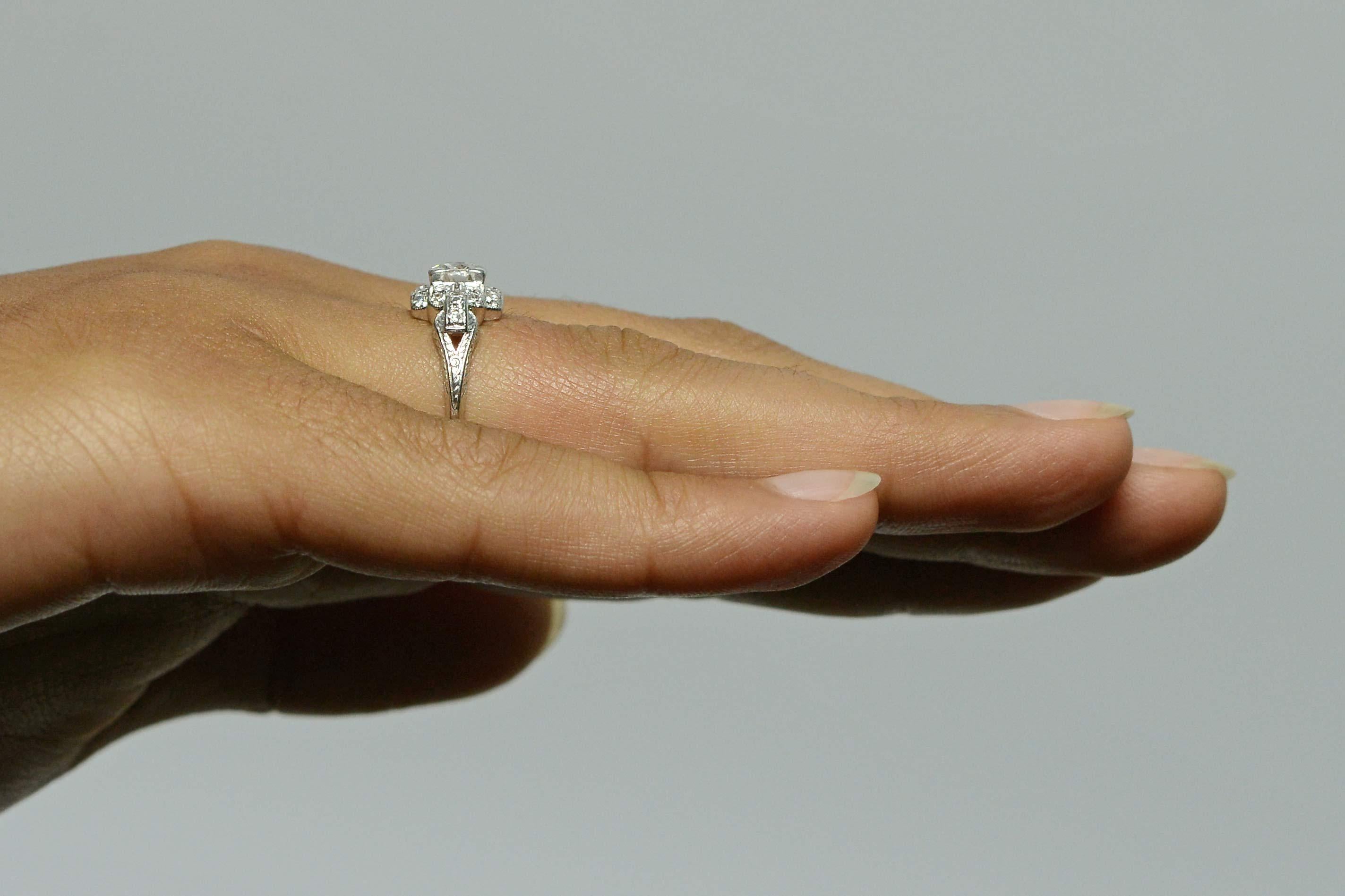 Geometric Art Deco Platinum Diamond Engagement Ring 3/4 Carat Old European Cut In Good Condition In Santa Barbara, CA
