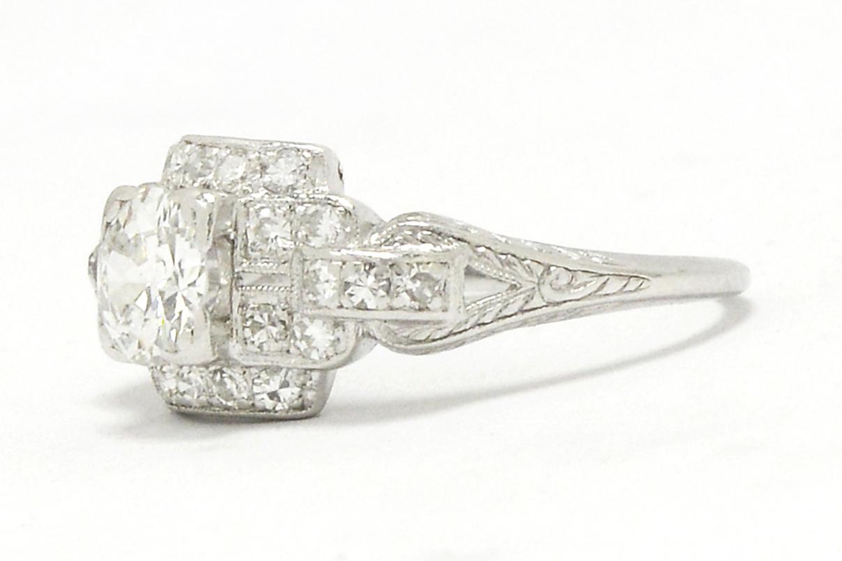 Geometric Art Deco Platinum Diamond Engagement Ring 3/4 Carat Old European Cut 1