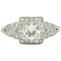 Geometric Art Deco Platinum Diamond Engagement Ring 3/4 Carat Old European Cut