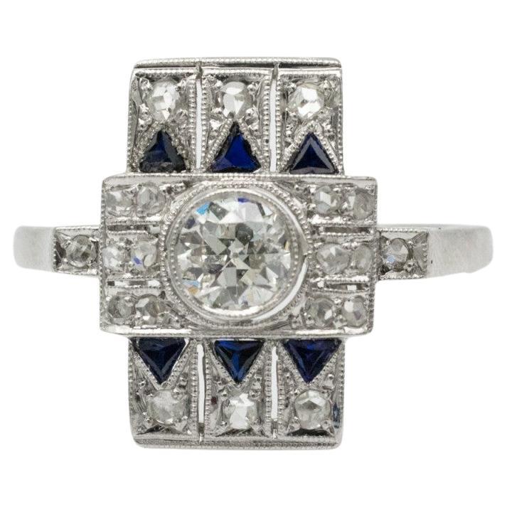 Geometric Art Deco ring with Old European diamonds and sapphires For Sale